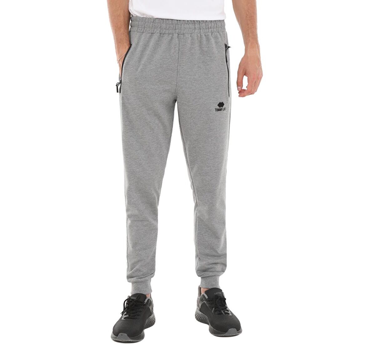 Gri Melanj Fermuar Cepli Standart Kalıp Jogger Erkek Eşofman Alt - 84651 | XXL