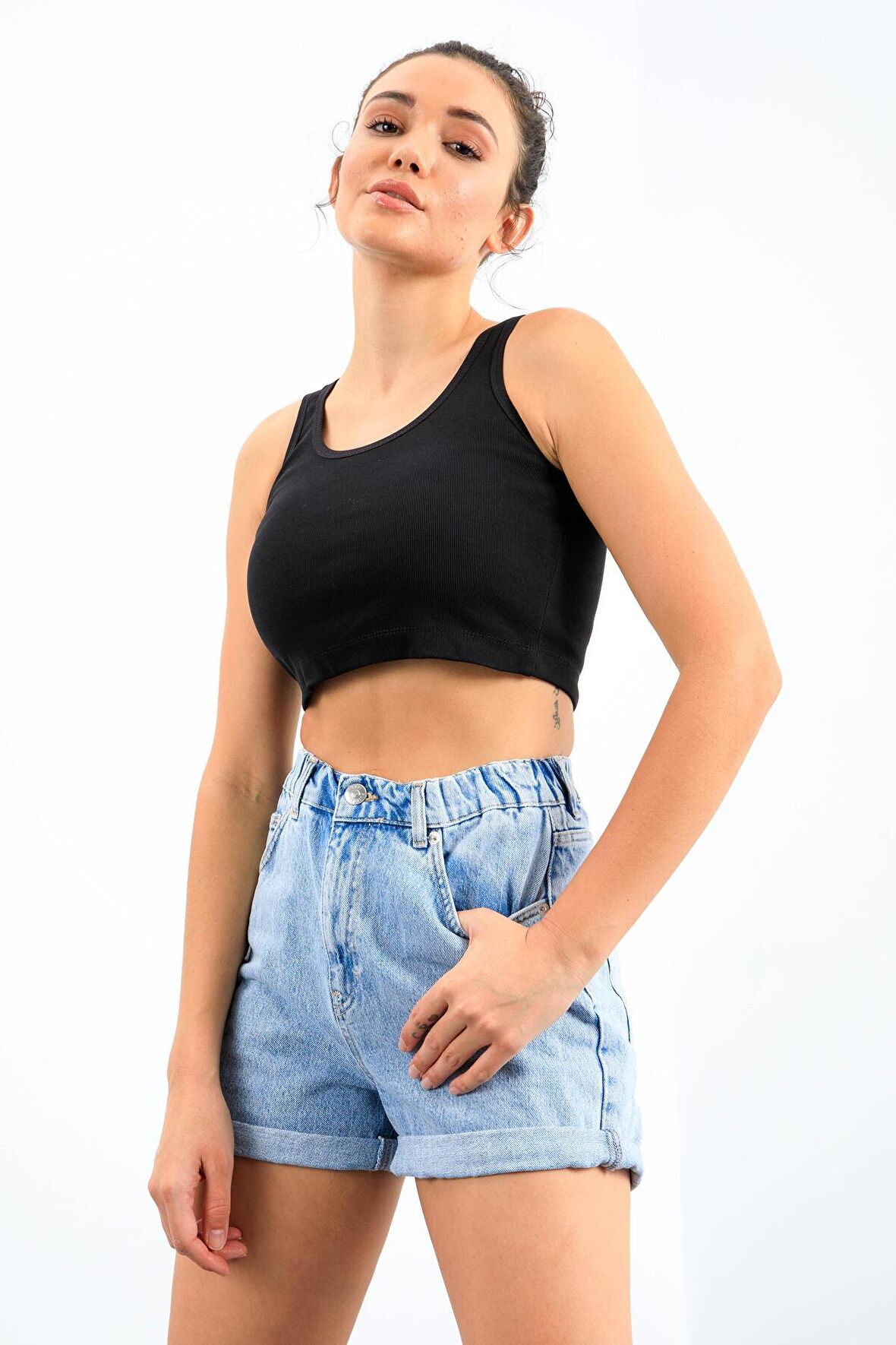 Lacivert Basic Sıfır Kol Dar Kalıp U Yaka Kadın Crop Top - 97162 | XS