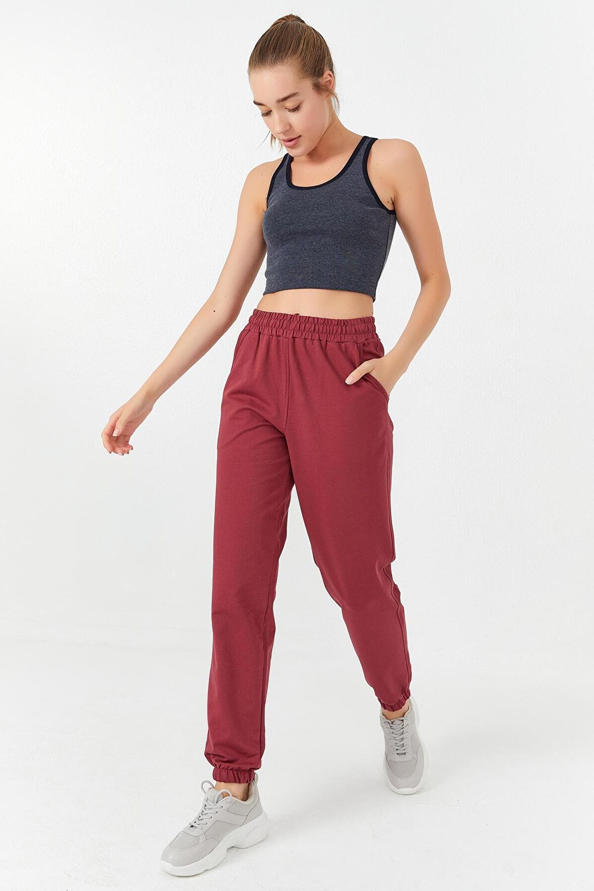 Lacivert Melanj Basic Sıfır Kol Dar Kalıp U Yaka Kadın Crop Top - 97162 | XS