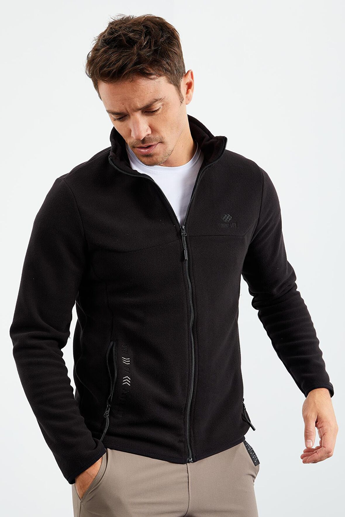 Siyah Yazı Nakışlı Dik Yaka Fermuarlı Standart Kalıp Erkek Sweatshirt Polar - 87992 | L