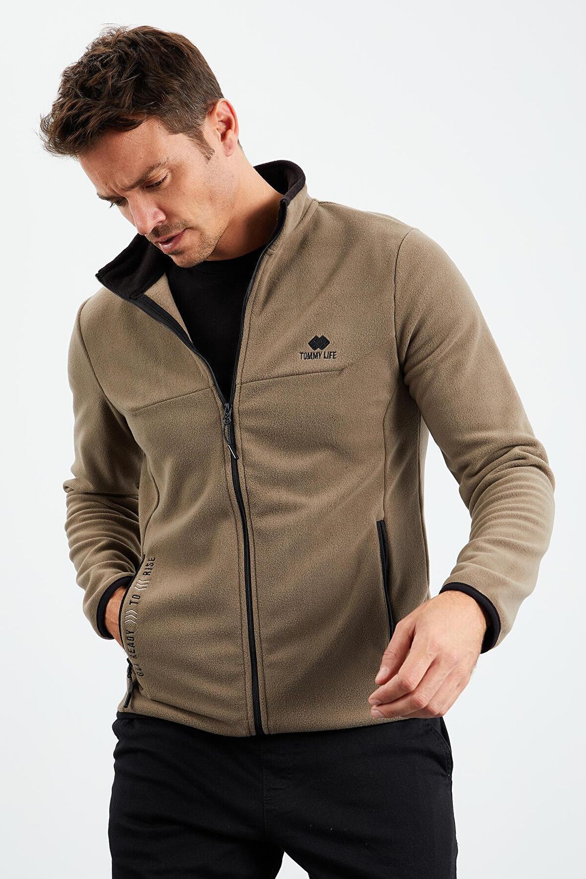 Camel Yazı Nakışlı Dik Yaka Fermuarlı Standart Kalıp Erkek Sweatshirt Polar - 87992 | S