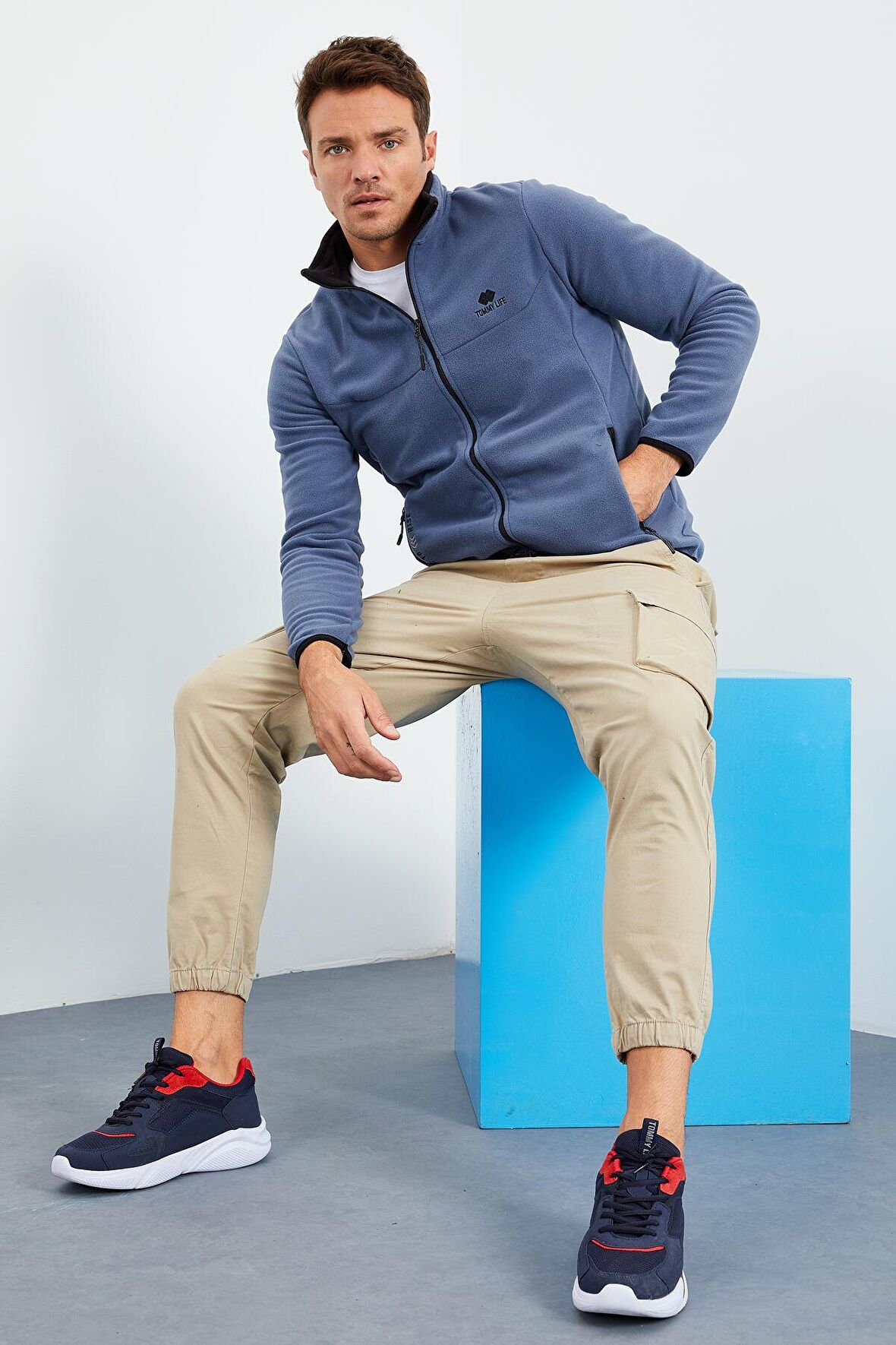 Petrol Yazı Nakışlı Dik Yaka Fermuarlı Standart Kalıp Erkek Sweatshirt Polar - 87992 | M