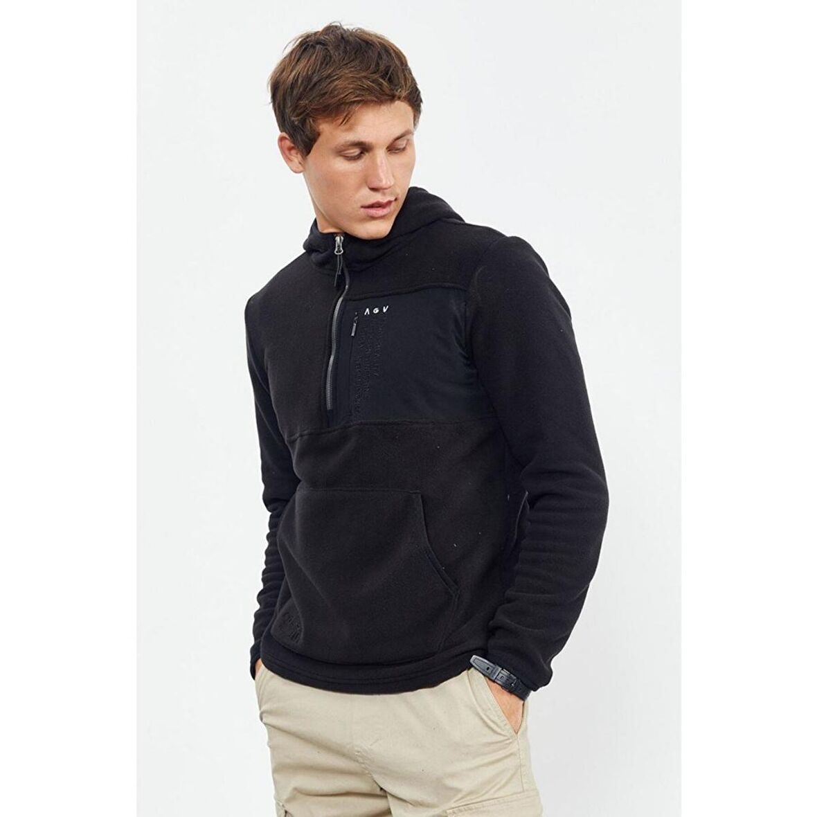 Siyah Nakışlı Yarım Fermuar Kapüşonlu Standart Kalıp Erkek Polar Sweatshirt - 87996 | XXL