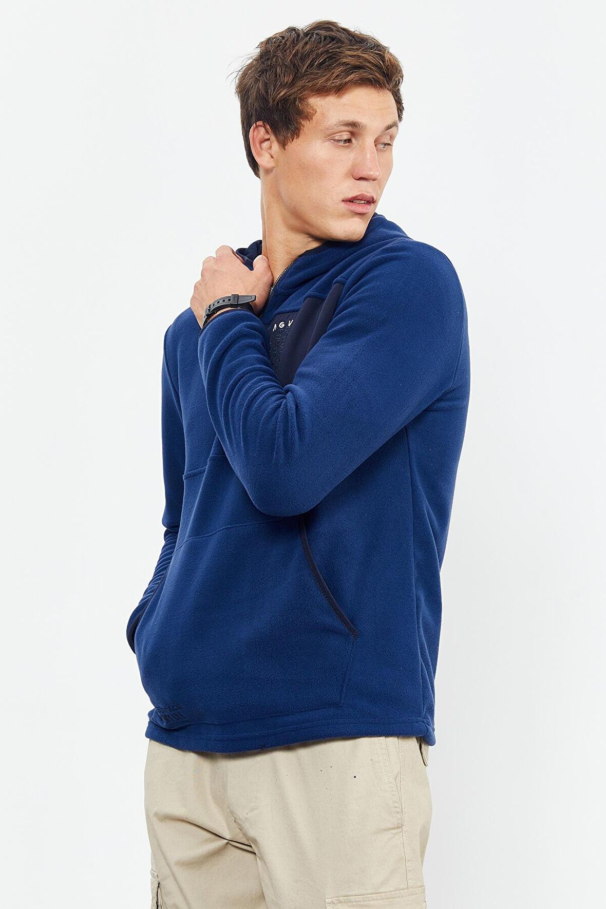 İndigo Nakışlı Yarım Fermuar Kapüşonlu Standart Kalıp Erkek Polar Sweatshirt - 87996 | XXL
