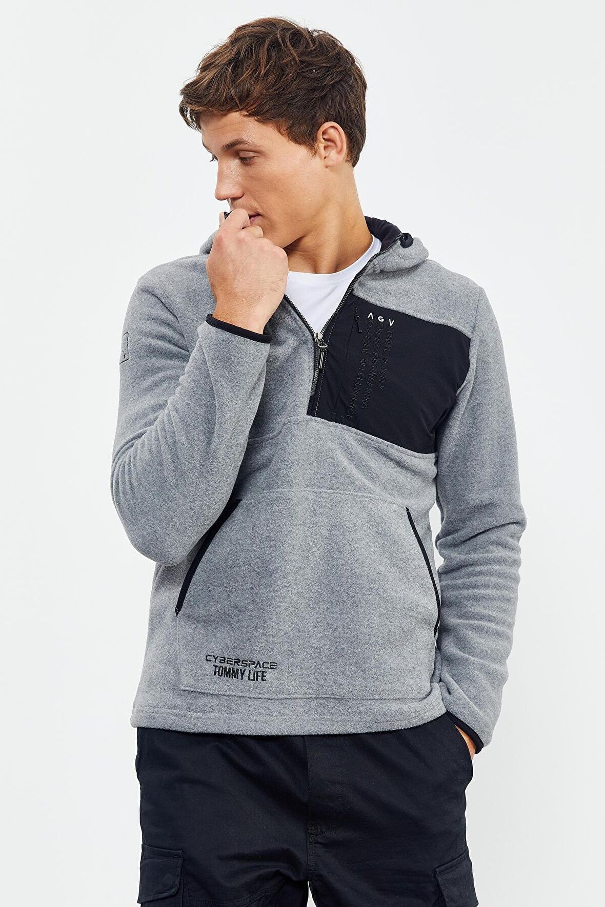 Gri Melanj Nakışlı Yarım Fermuar Kapüşonlu Standart Kalıp Erkek Polar Sweatshirt - 87996 | XXL