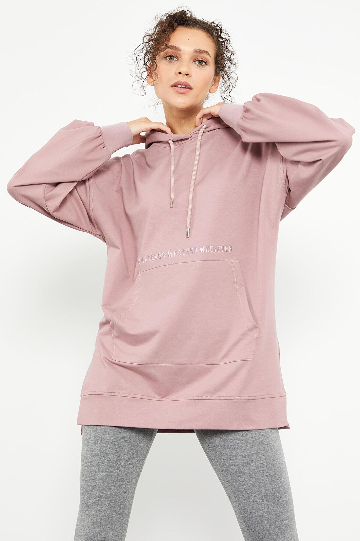 Gül Kurusu Balon Kol Yazı Nakışlı Kadın Oversize Tunik Sweatshirt - 97163 | XL