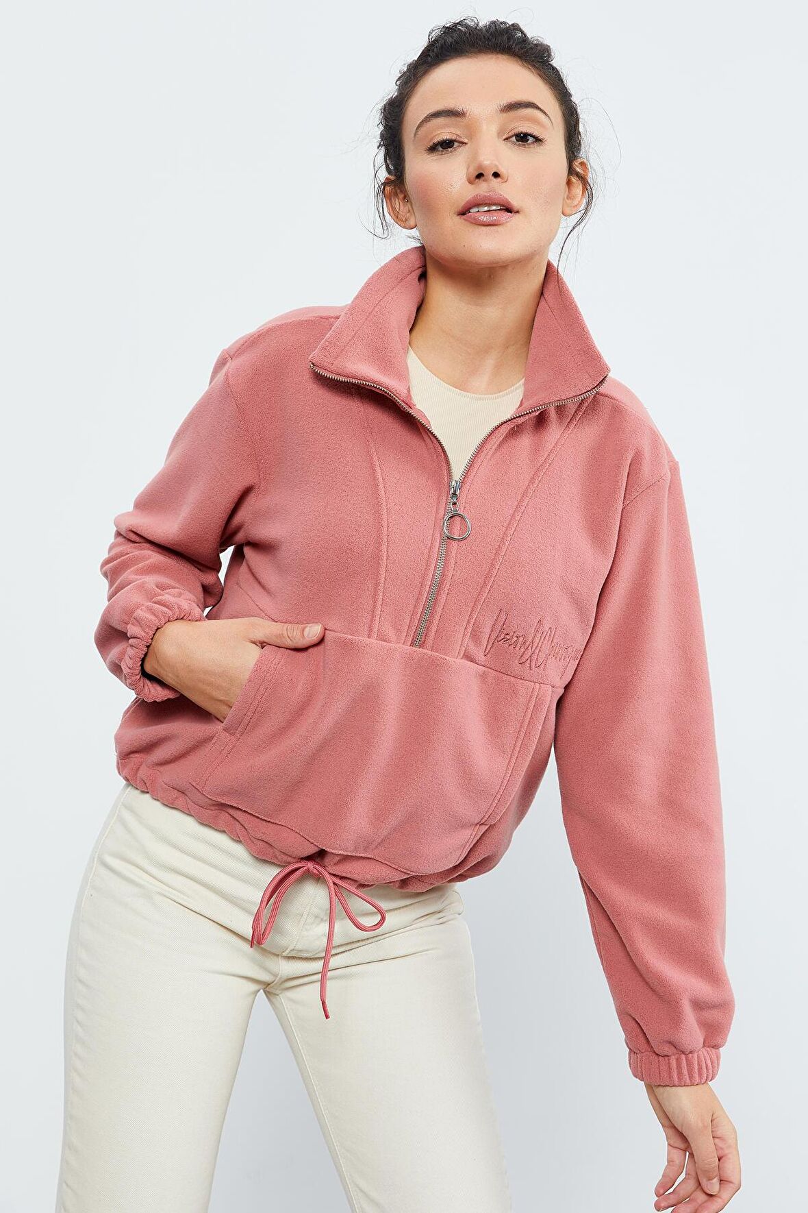 Yaban Gülü Yarım Fermuar Etek Ucu Büzgülü Kadın Polar Oversize Sweatshirt - 97171 | XL
