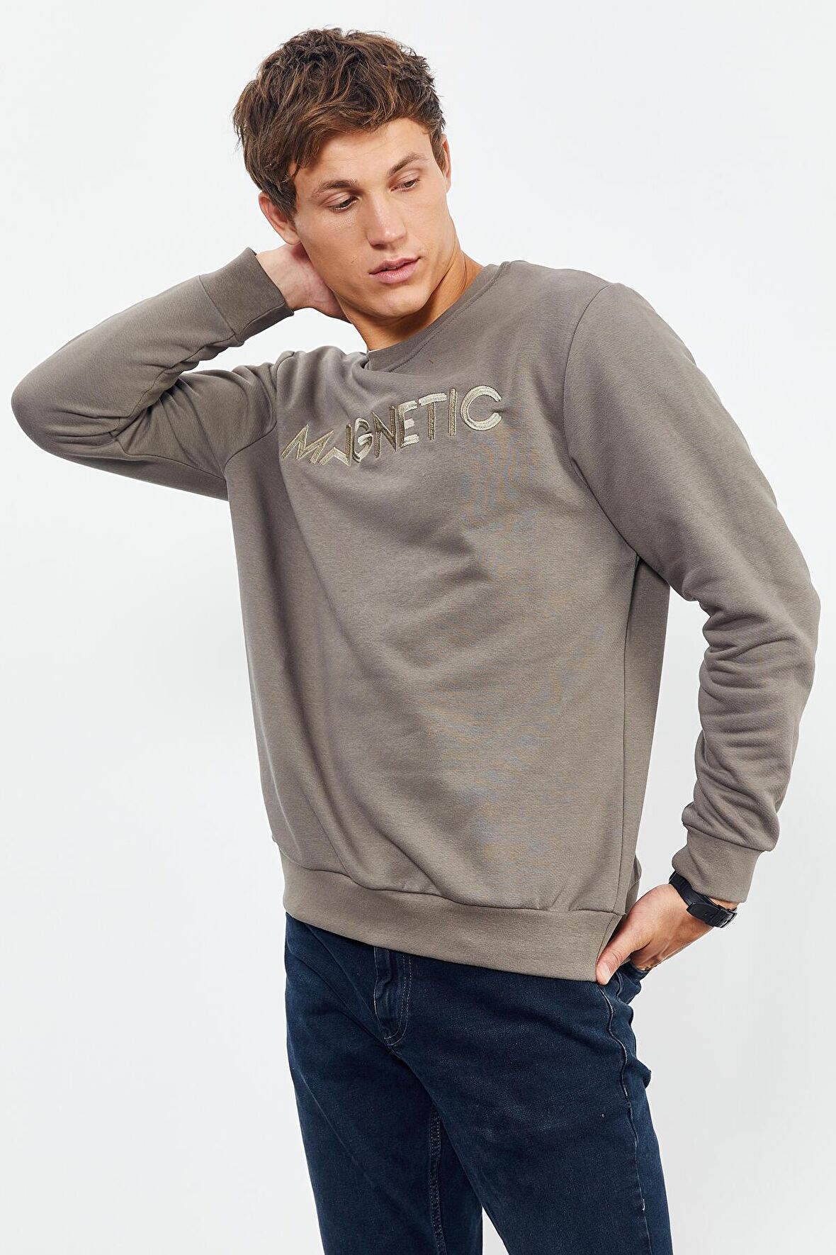 Camel Yazı Nakışlı O Yaka Rahat Form Erkek Sweatshirt - 88020 | XXL