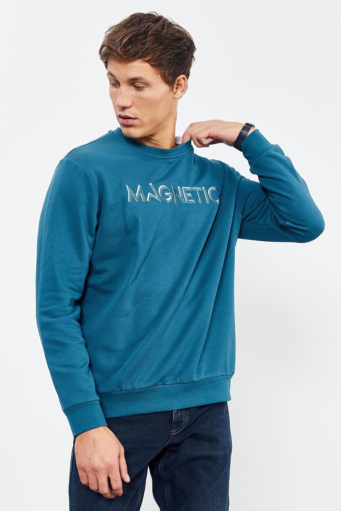 Zümrüt Yazı Nakışlı O Yaka Rahat Form Erkek Sweatshirt - 88020 | XXL