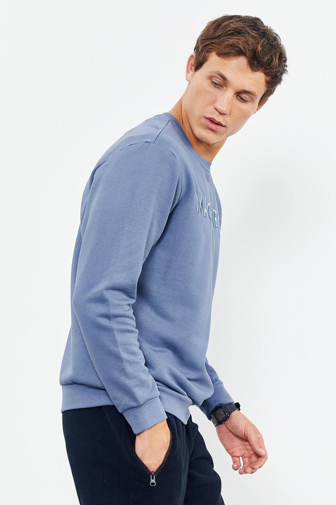 Petrol Yazı Nakışlı O Yaka Rahat Form Erkek Sweatshirt - 88020 | S