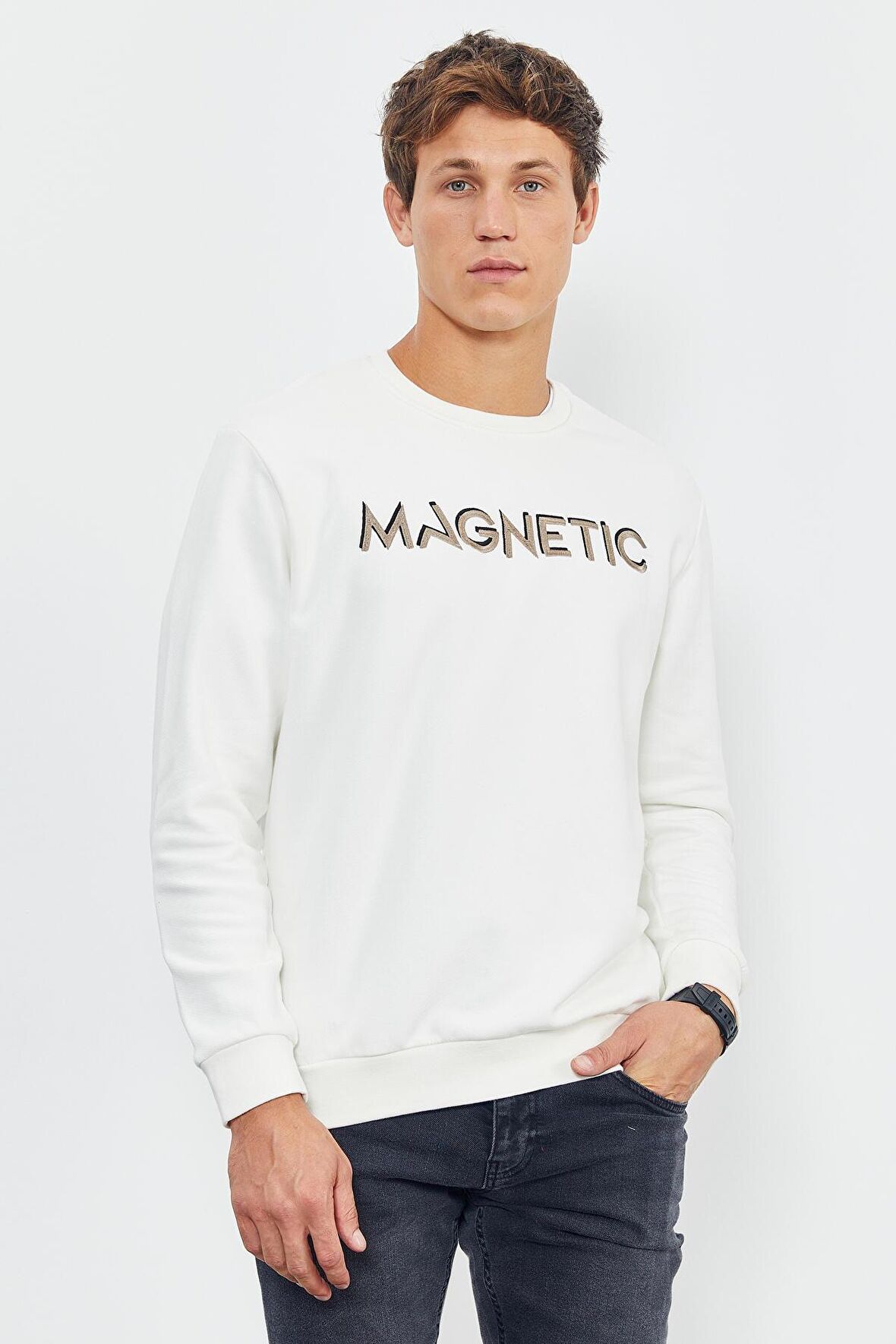 Ekru Yazı Nakışlı O Yaka Rahat Form Erkek Sweatshirt - 88020 | XXL