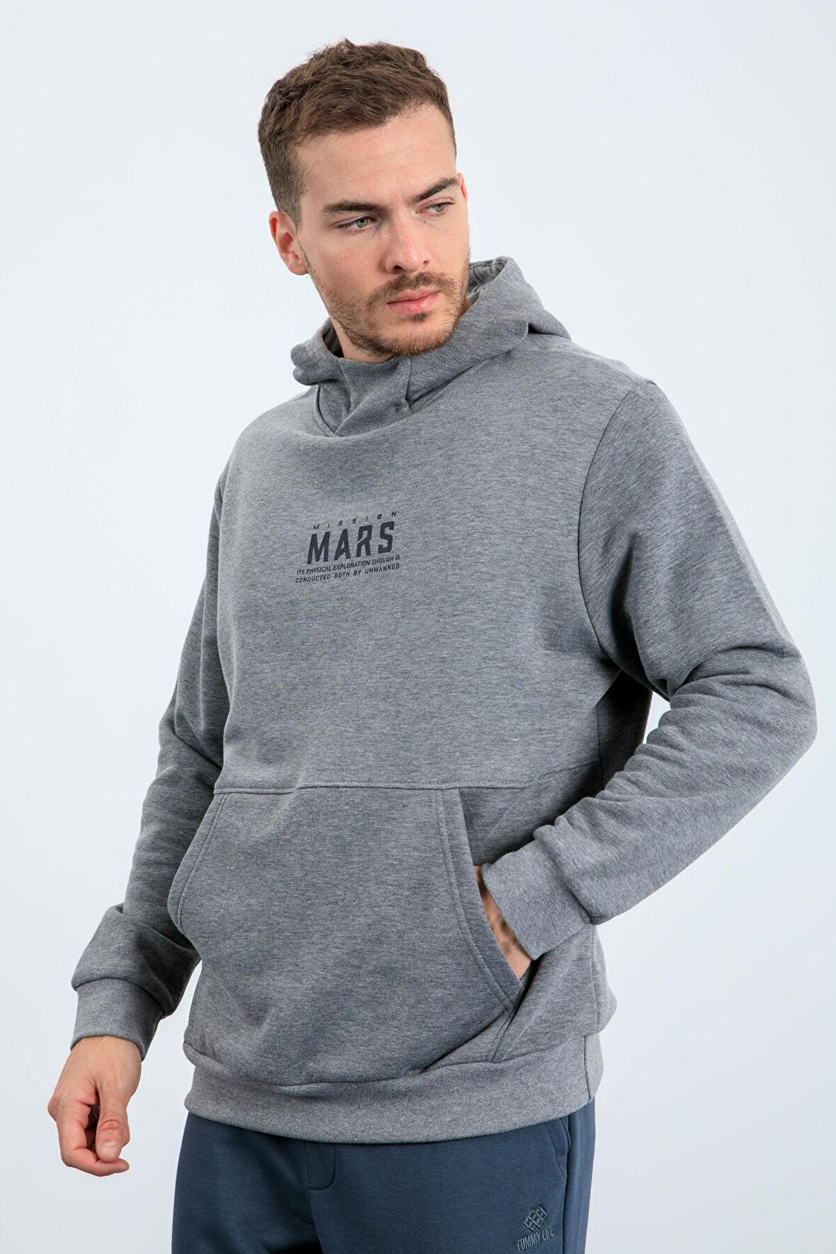 Gri Melanj Mars Yazı Ve Sırt Baskılı Kapüşonlu Rahat Form Erkek Sweatshirt - 88032 | S