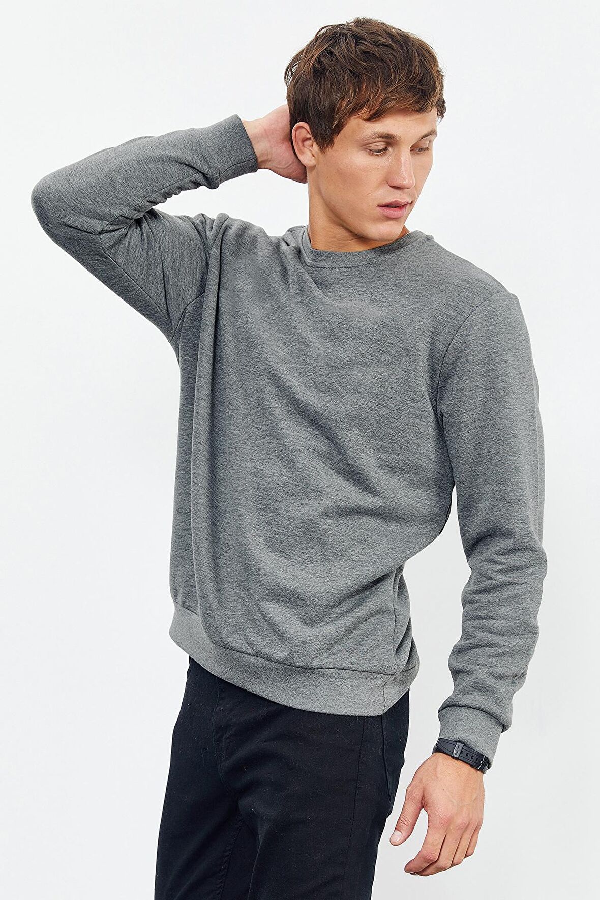 Gri Melanj Basic O Yaka Rahat Form Erkek Sweatshirt - 88053 | XL