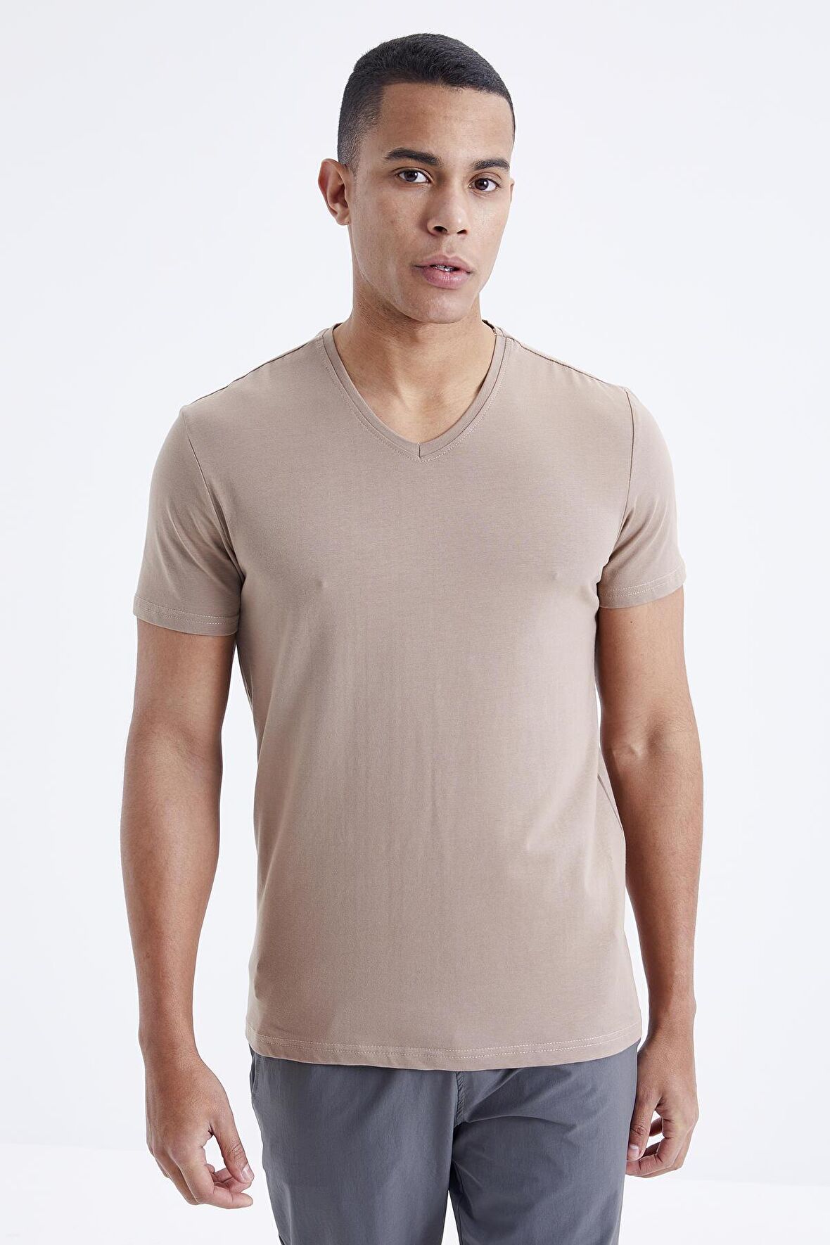 Camel Basic Kısa Kol Standart Kalıp V Yaka Erkek T-Shirt - 87912 | L
