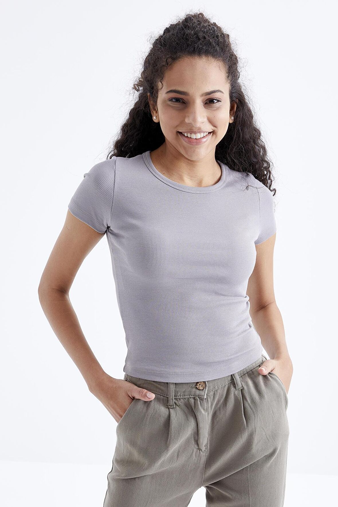 Tommy Life  Gri Basic Kısa Kol O Yaka Kadın Crop Top - 97202 | S