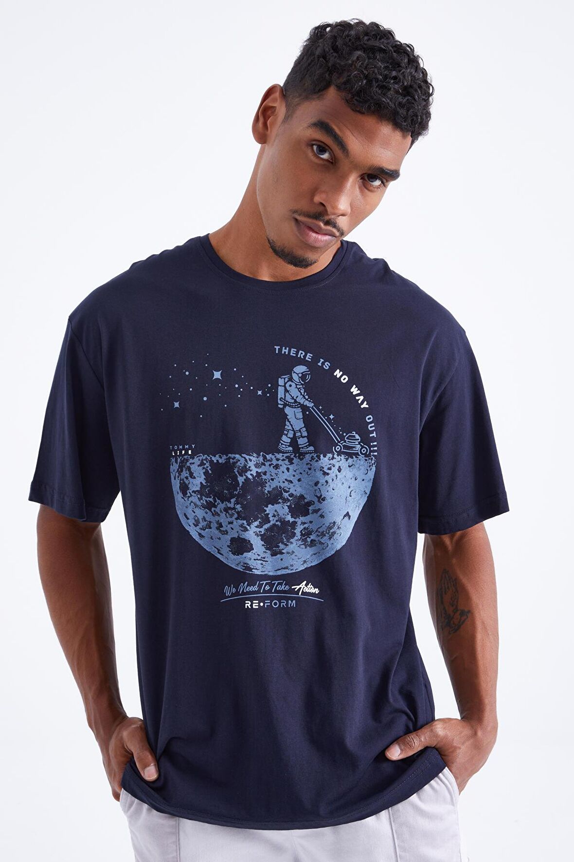Lacivert Baskılı O Yaka Erkek Oversize T-Shirt - 88098 | S