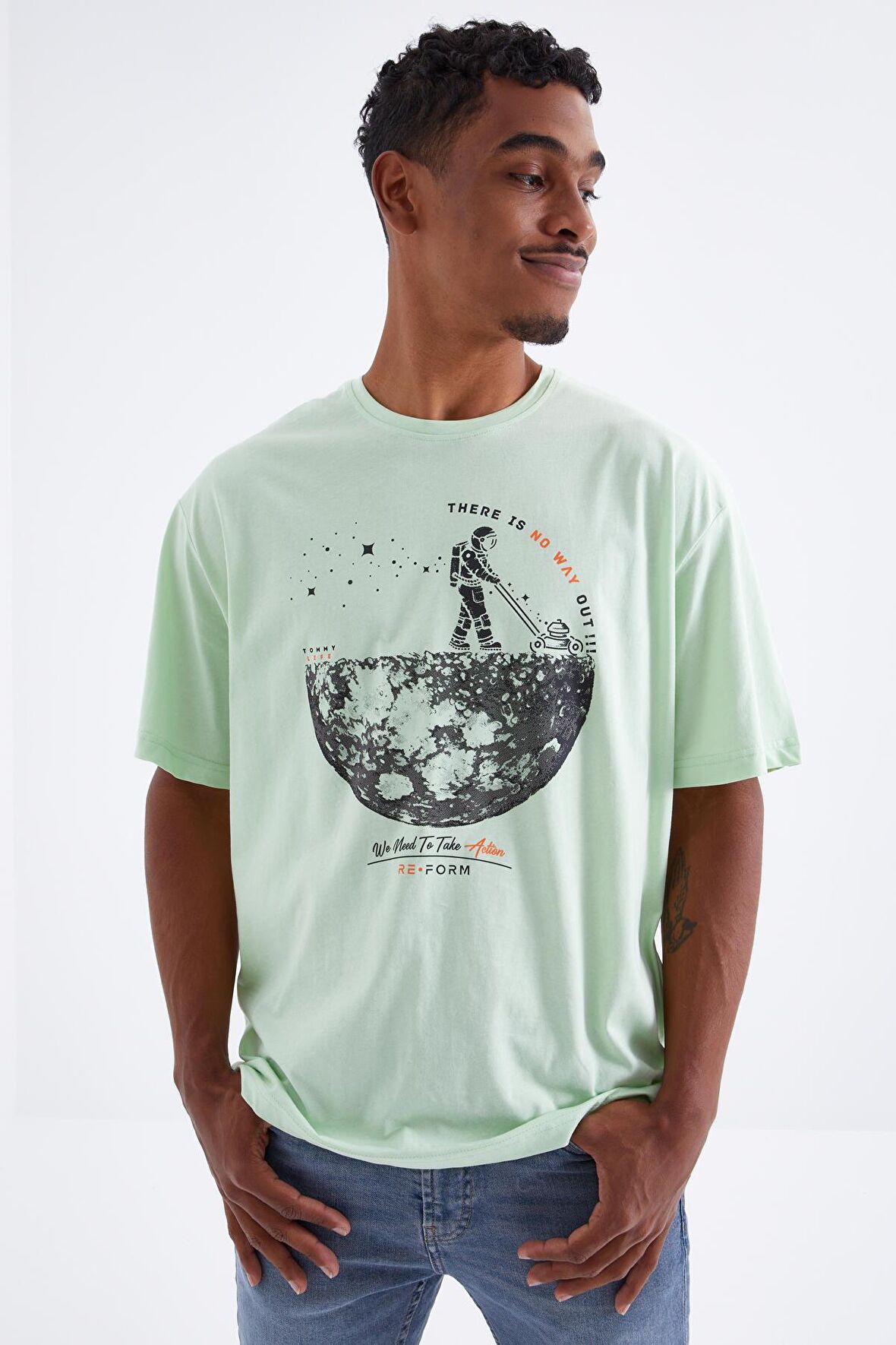 Açık Yeşil Baskılı O Yaka Erkek Oversize T-Shirt - 88098 | S