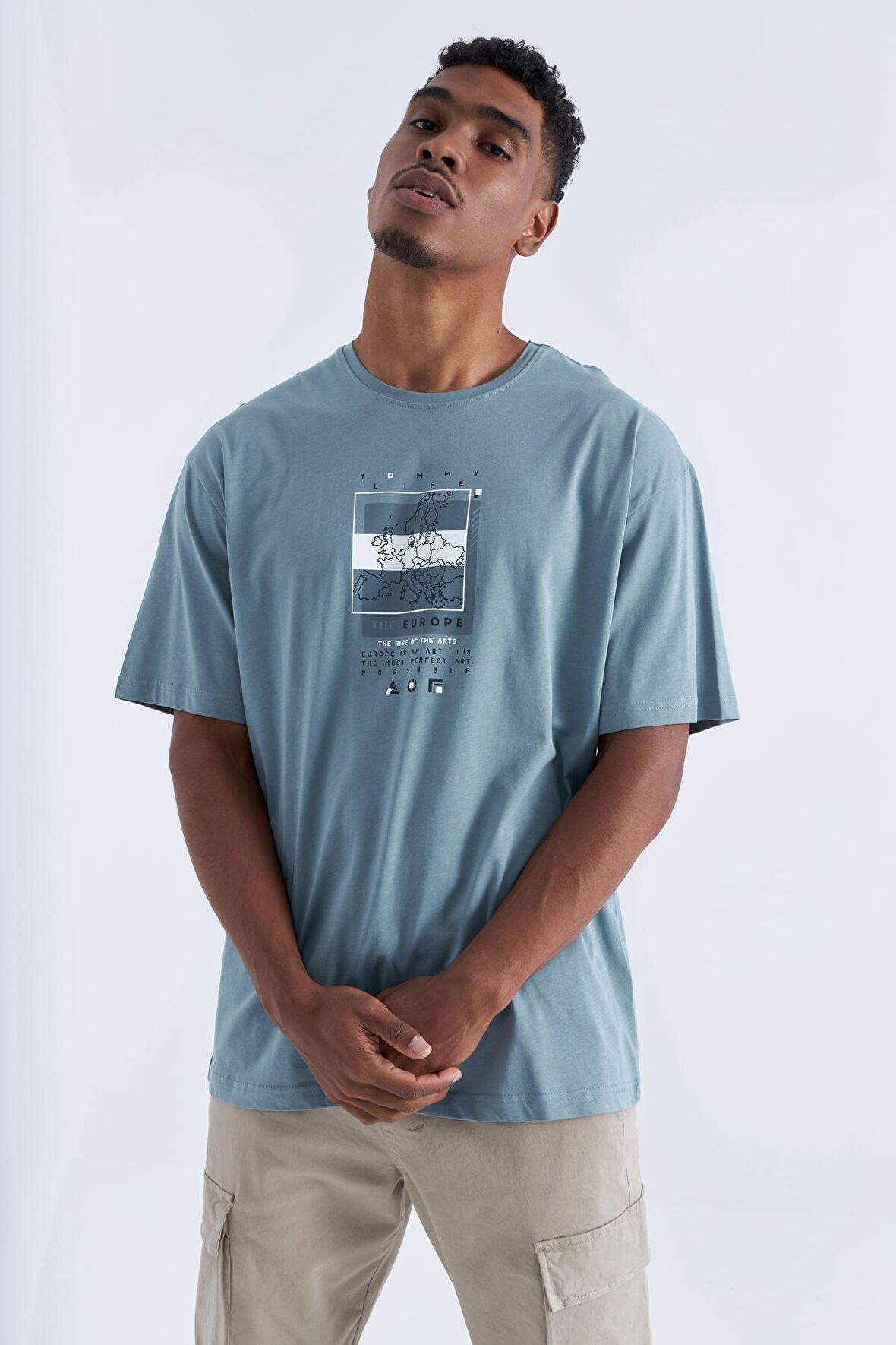 Mint Yeşili Baskı Detaylı O Yaka Erkek Oversize T-Shirt - 88094 | XL