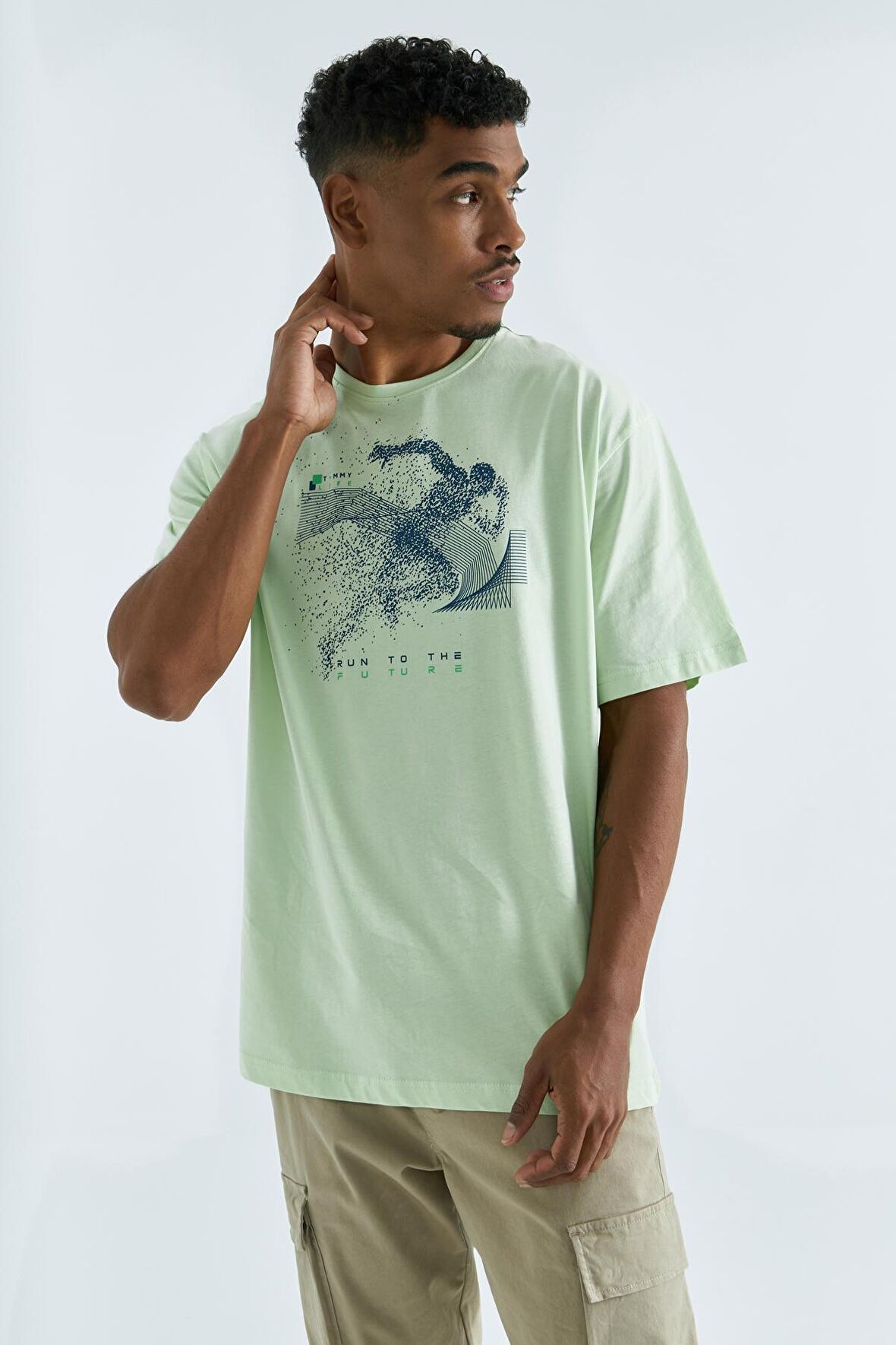 Açık Yeşil Baskı Detaylı O Yaka Erkek Oversize T-Shirt  - 88093 | L