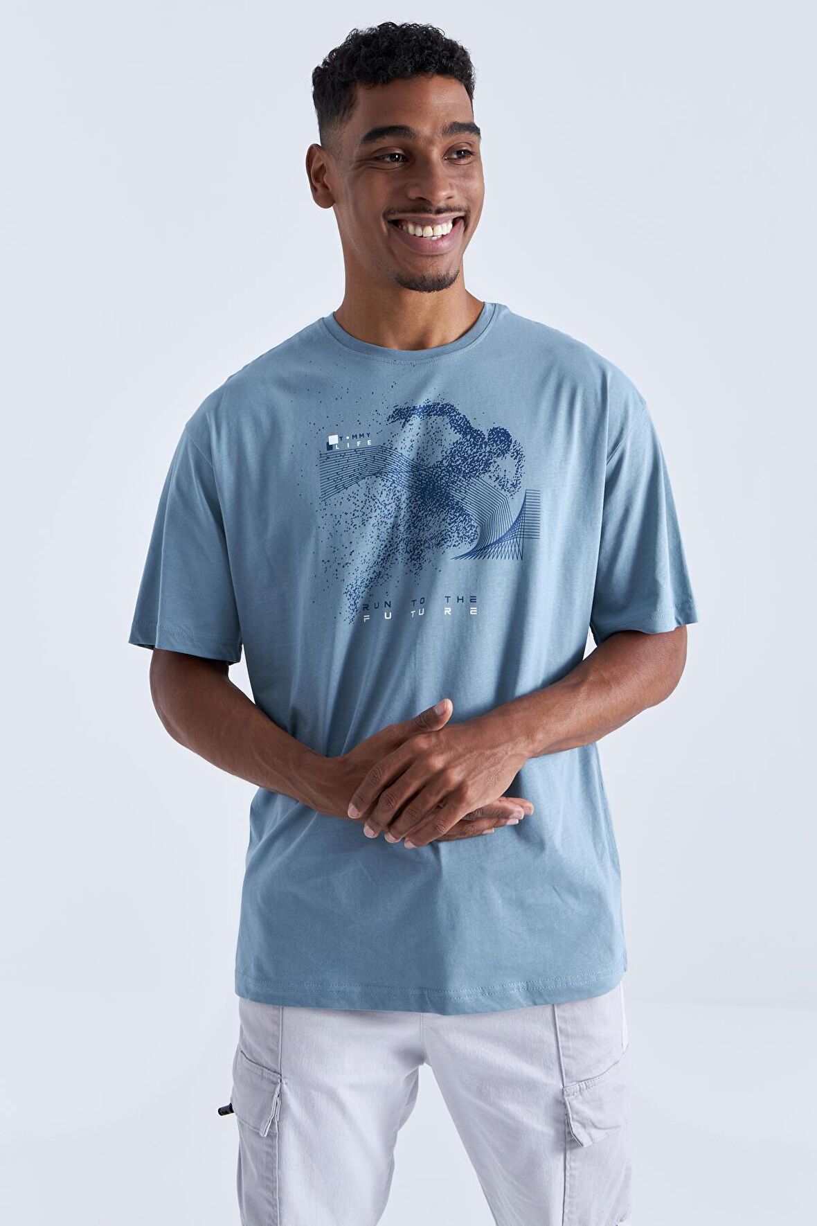 Mint Yeşili Baskı Detaylı O Yaka Erkek Oversize T-Shirt  - 88093 | XL