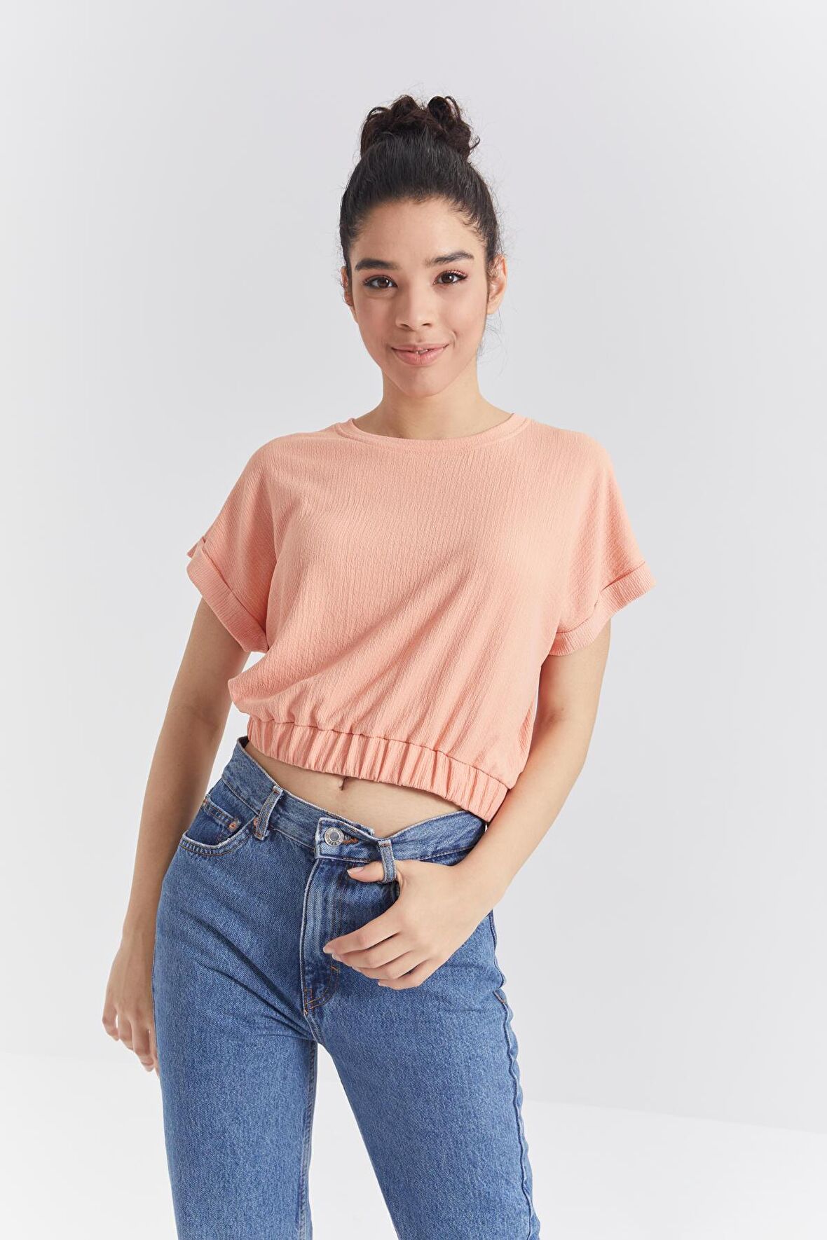 Kavun Içi Basic O Yaka Beli Lastikli Bürümcük Kumaş Kadın Crop Top T-Shirt  - 97227 | XL