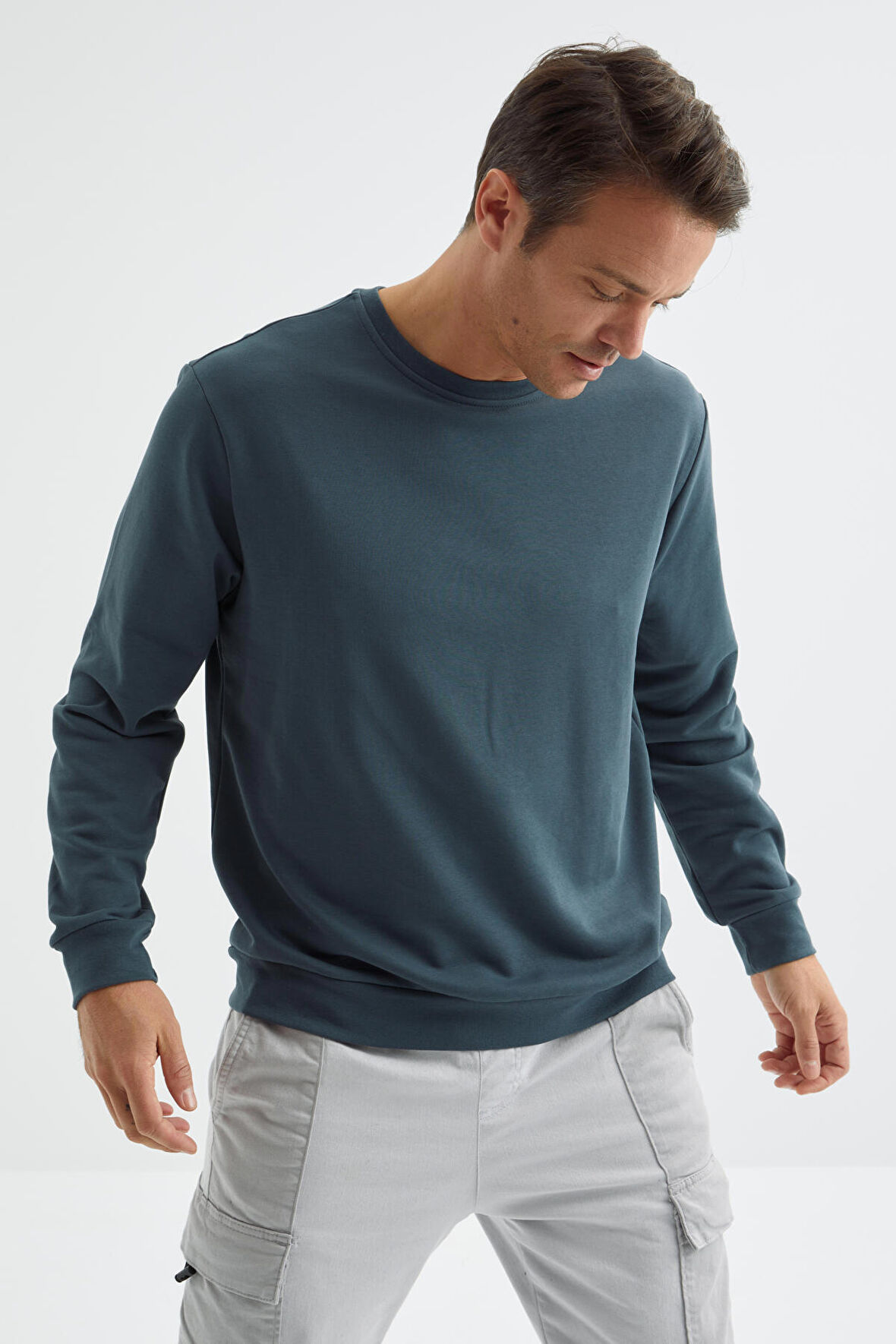 Orman Yeşili Basic O Yaka Rahat Form Erkek Sweatshirt - 88053 | L