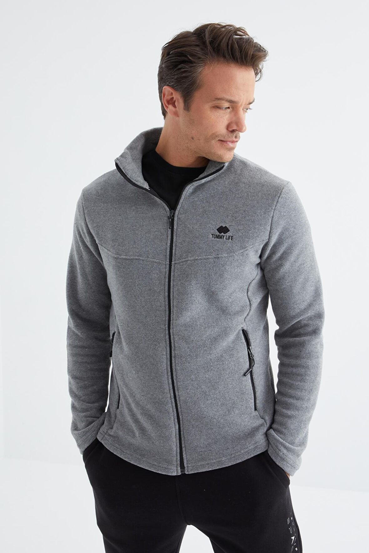 Gri Melanj Fermuarlı Dik Yaka Standart Kalıp Erkek  Sweatshirt Polar - 88134 | XXL
