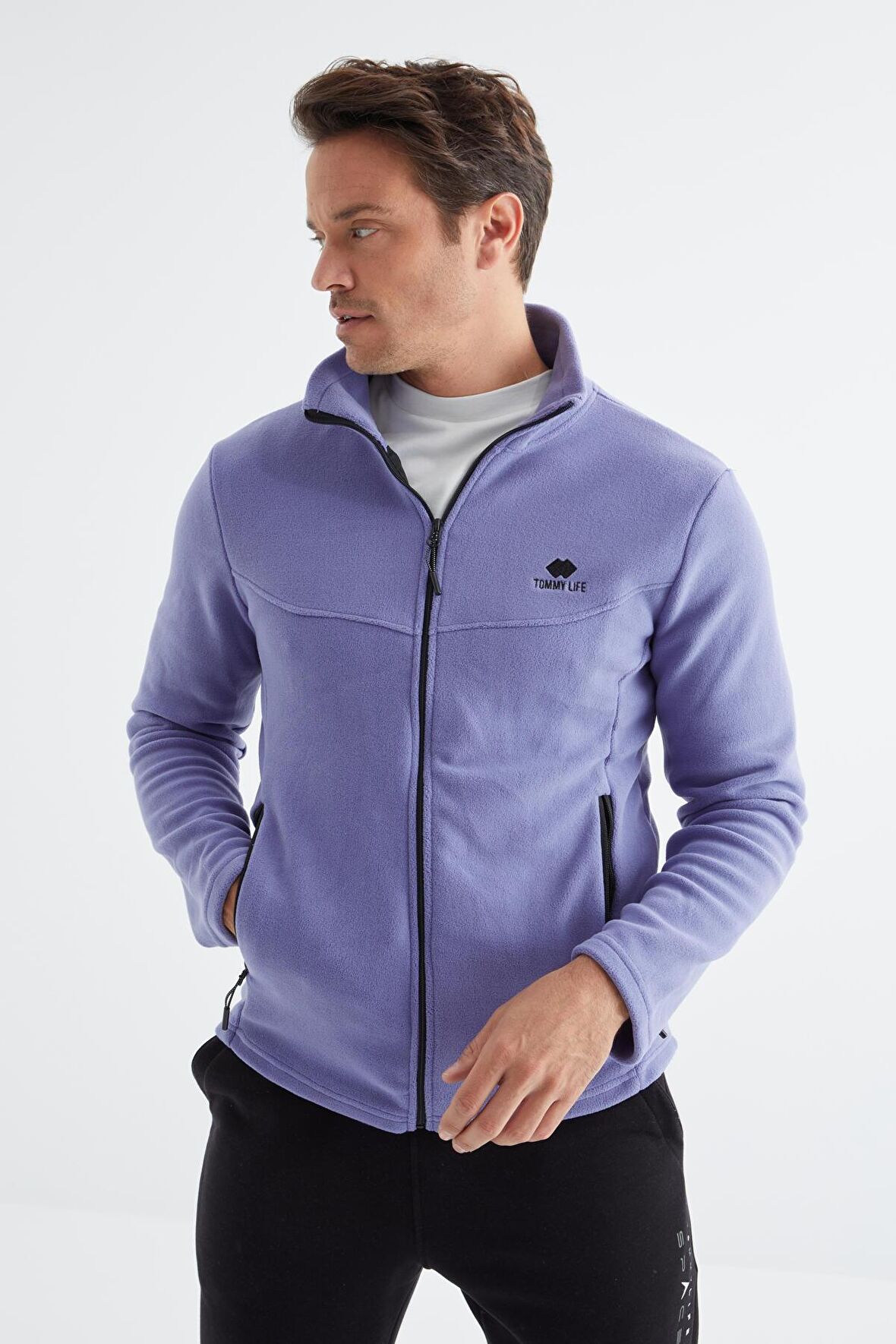 Açık Eflatun Fermuarlı Dik Yaka Standart Kalıp Erkek  Sweatshirt Polar - 88134 | XL