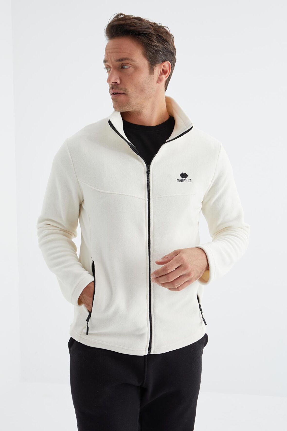 Ekru Fermuarlı Dik Yaka Standart Kalıp Erkek  Sweatshirt Polar - 88134 | XXL