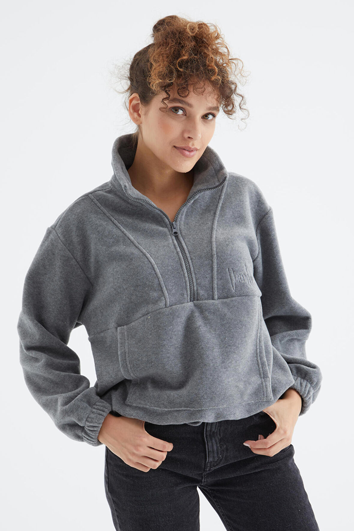 Gri Melanj Yarım Fermuar Etek Ucu Büzgülü Kadın Polar Oversize Sweatshirt - 97171 | L