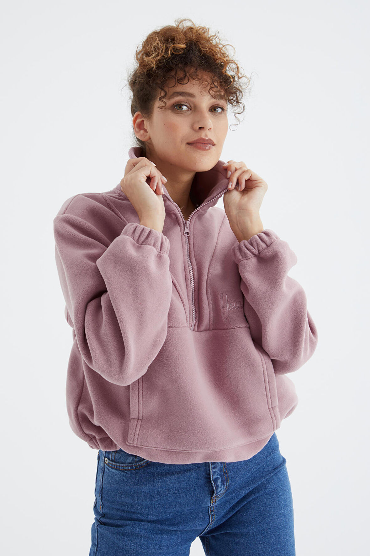 Gül Kurusu Yarım Fermuar Etek Ucu Büzgülü Kadın Polar Oversize Sweatshirt - 97171 | XL