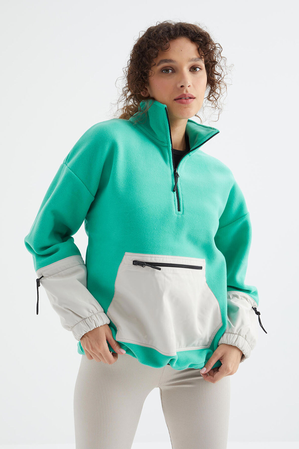 Deniz Yeşili Etek Ucu Büzgülü Yarım Fermuarlı Oversize Kadın Polar Sweatshirt - 97238 | M