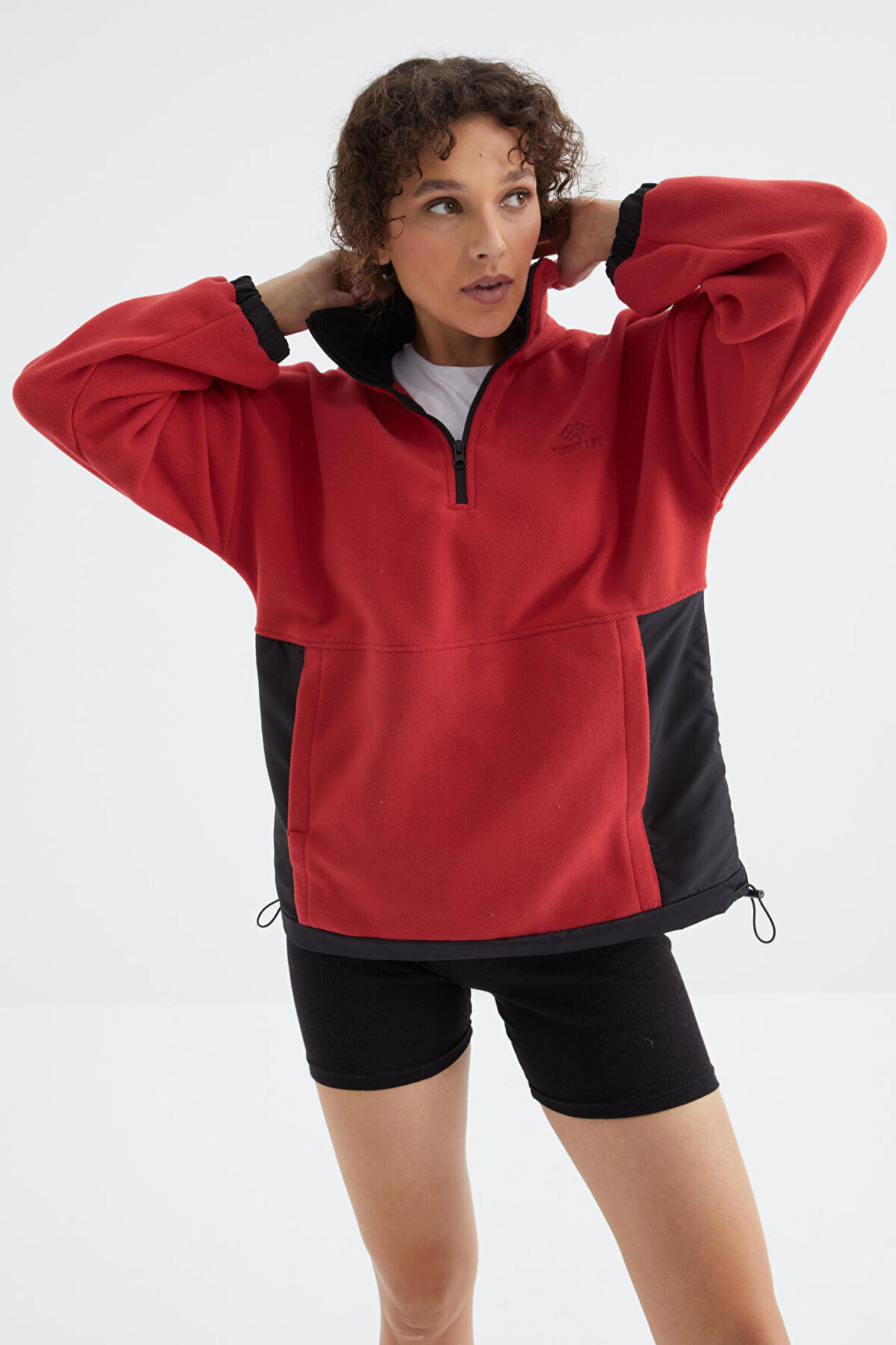 Fiesta Yarım Fermuar Etek Ucu Büzgülü Dik Yaka  Oversize Kadın Polar Sweatshirt - 97236 | L