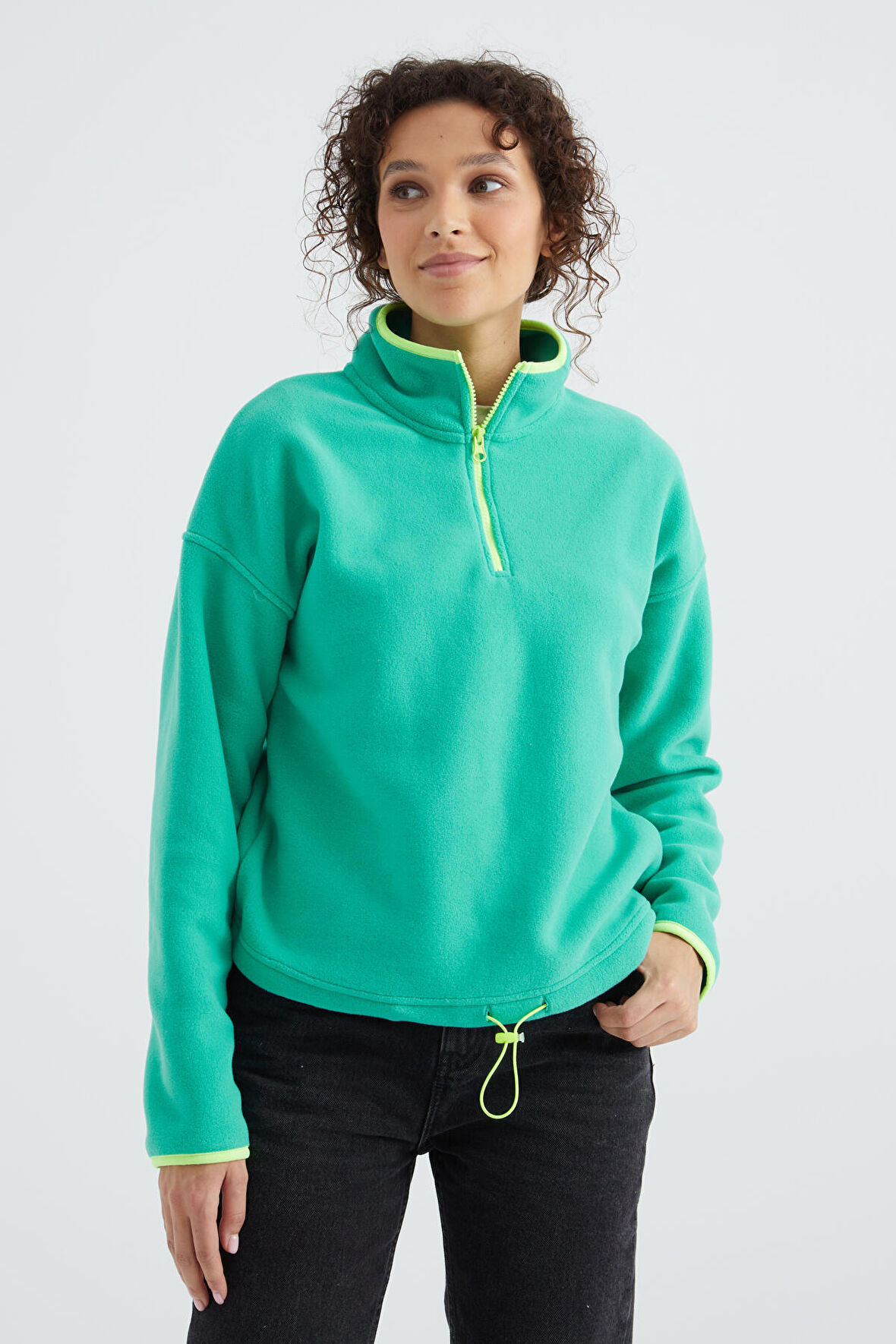 Deniz Yeşili Yarım Fermuar Etek Ucu Büzgülü Dik Yaka Oversize Kadın Polar Sweatshirt - 97234 | L