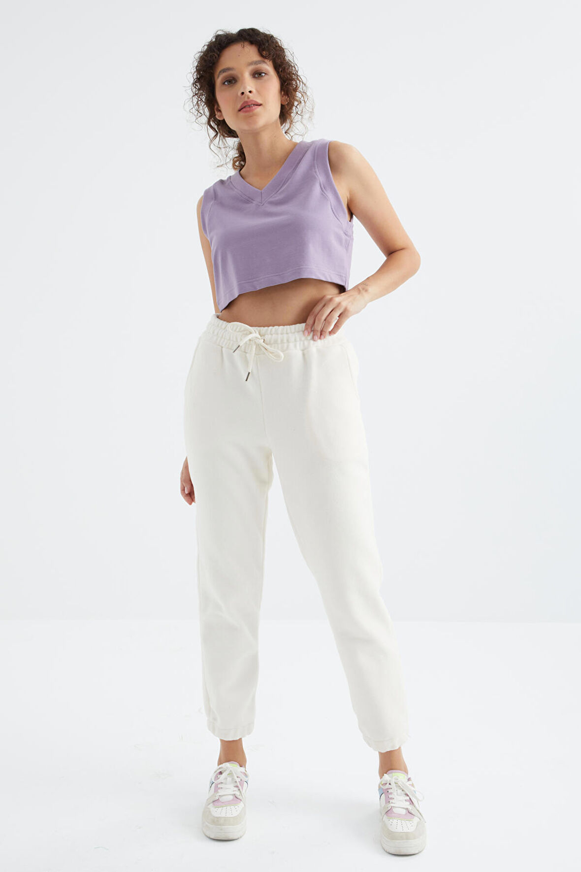 Ekru Cepli Bağcıklı Jogger Rahat Form Polar Kadın Eşofman Alt - 94622 | XL