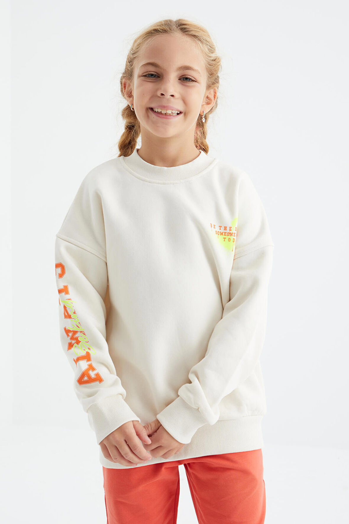 Ekru Baskı Detaylı O Yaka Kız Çocuk Sweatshirt - 75095 | 7-8 Yaş