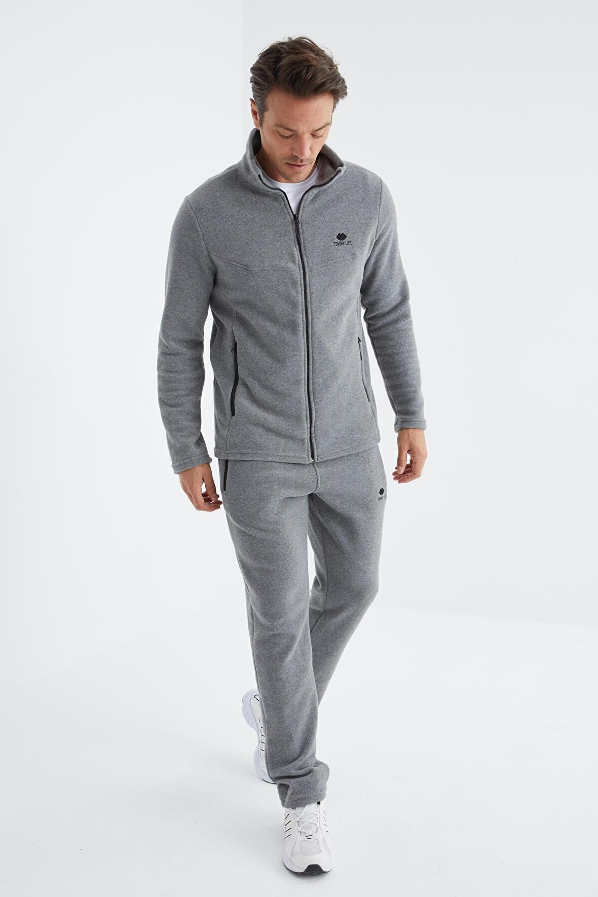 Gri Melanj Dik Yaka Basic Erkek Polar Eşofman Takımı - 85193 | XL