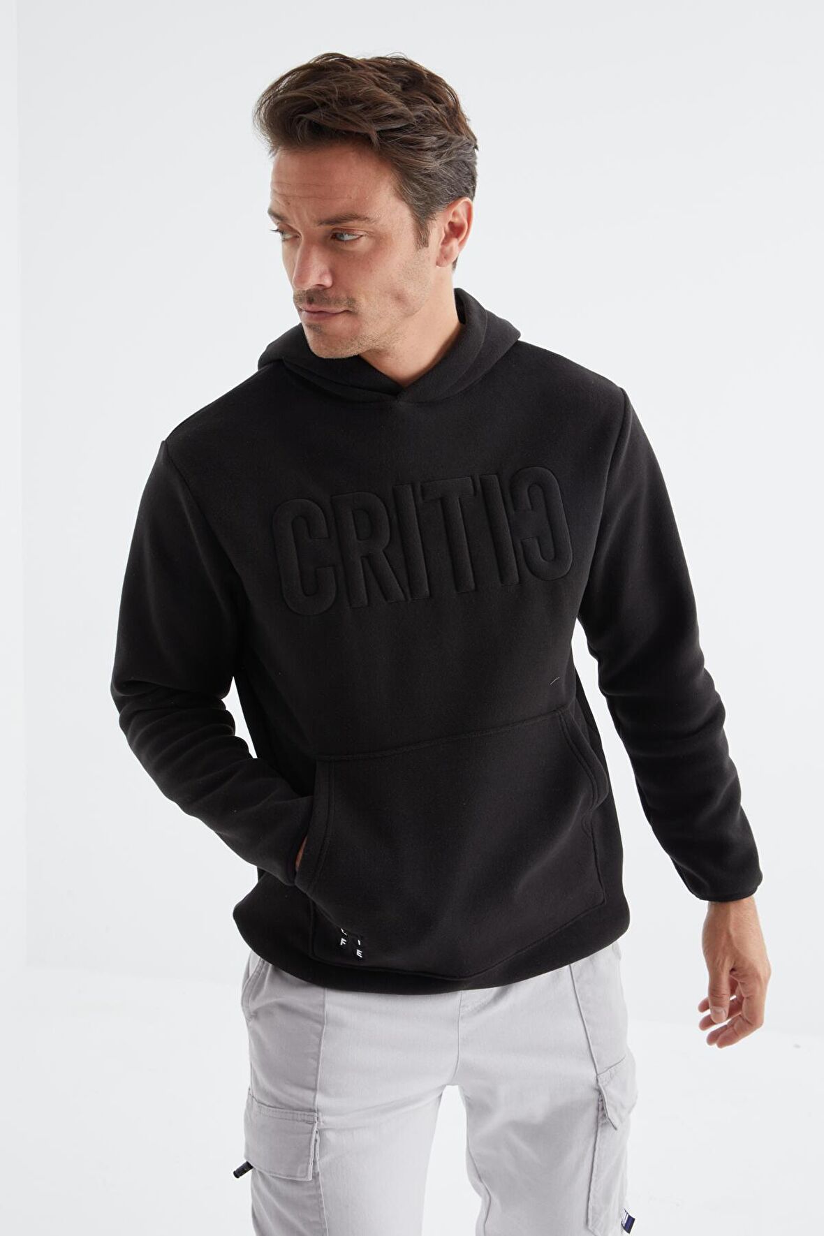 Siyah Yazı Nakışlı Kanguru Cepli Kapüşonlu Standart Kalıp Erkek Polar Sweatshirt - 88156 | XXL