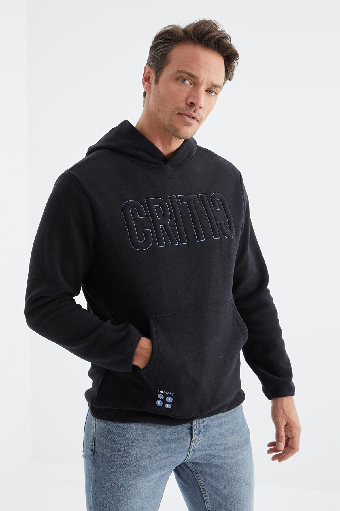 Lacivert Yazı Nakışlı Kanguru Cepli Kapüşonlu Standart Kalıp Erkek Polar Sweatshirt - 88156 | XXL