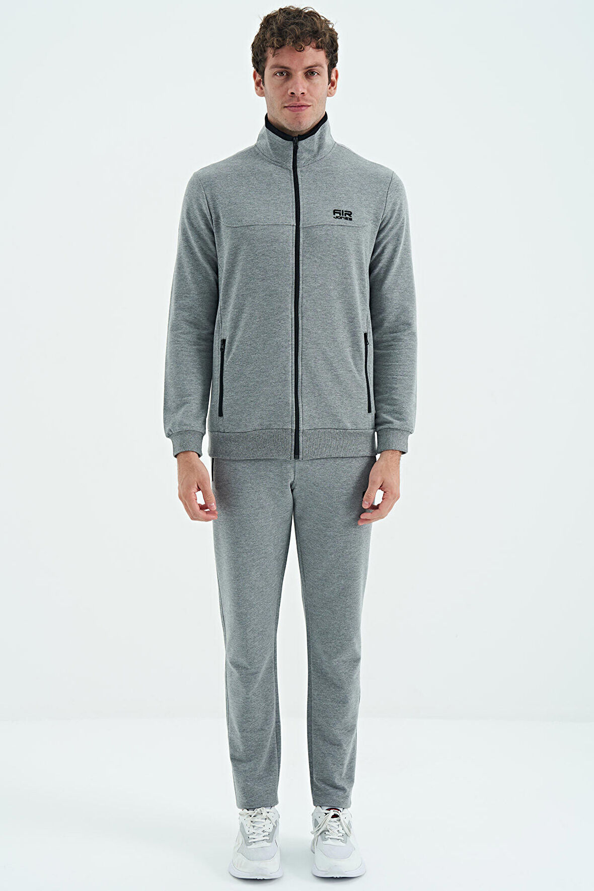 Gri Melanj Dik Yaka Fermuarlı Cep Detaylı Standart Kalıp Erkek Eşofman Takım - 85196 | M