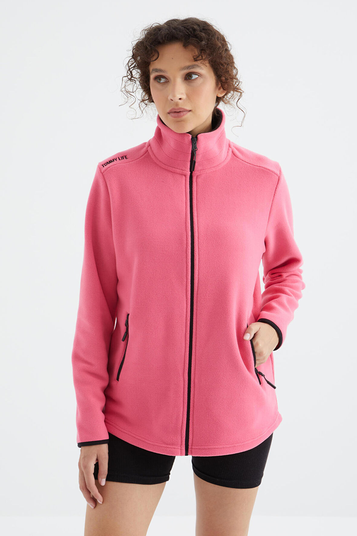 Fuşya Dik Yaka Fermuarlı Rahat Form Kadın Polar Sweatshirt - 97173 | S