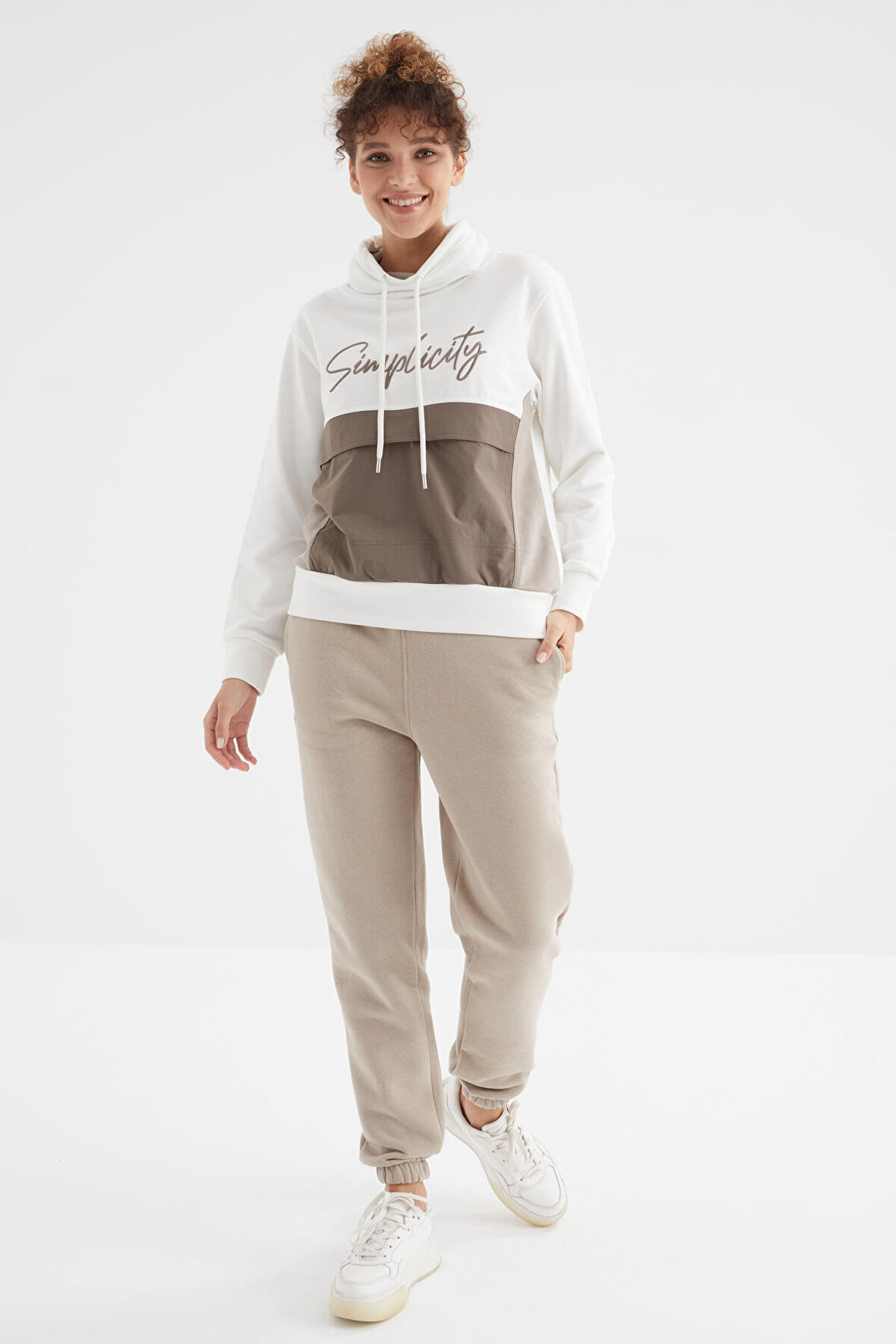 Koyu Bej Yüksek Bel Rahat Form Basic Jogger Kadın Eşofman Alt - 94624 | XL