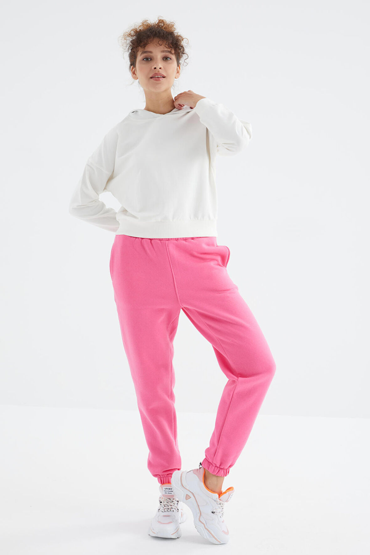 Şeker Pembe Yüksek Bel Rahat Form Basic Jogger Kadın Eşofman Alt - 94624 | L