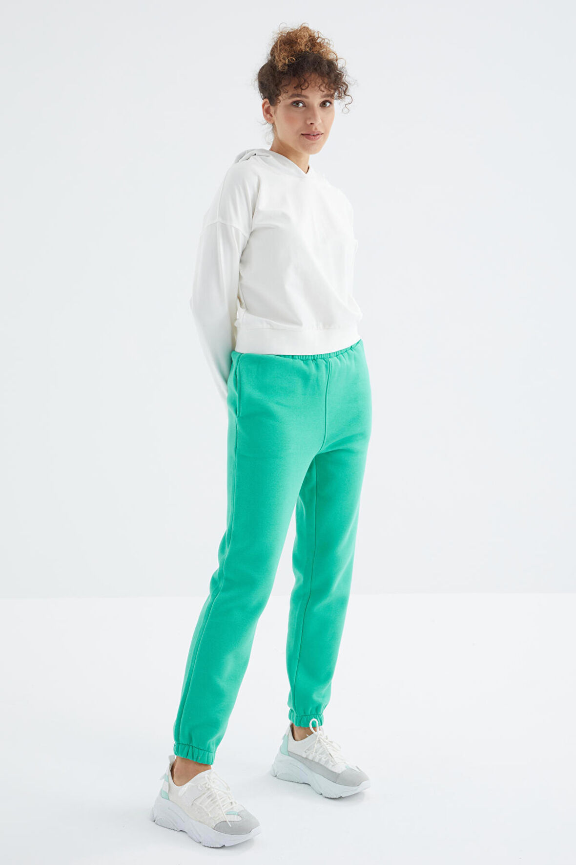 Deniz Yeşili Yüksek Bel Rahat Form Basic Jogger Kadın Eşofman Alt - 94624 | XL