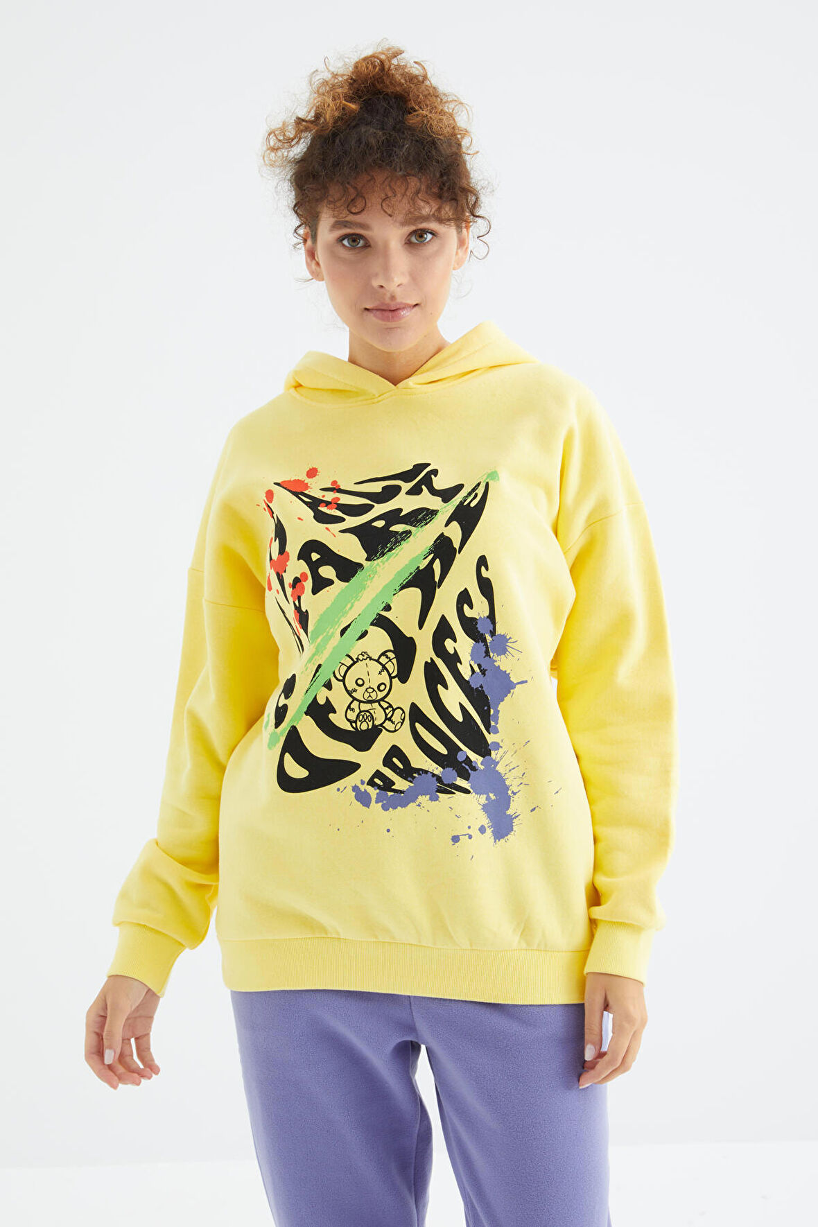 Limon Ön Baskılı Kapüşonlu Kadın Oversize Kadın Sweatshirt - 97248 | S