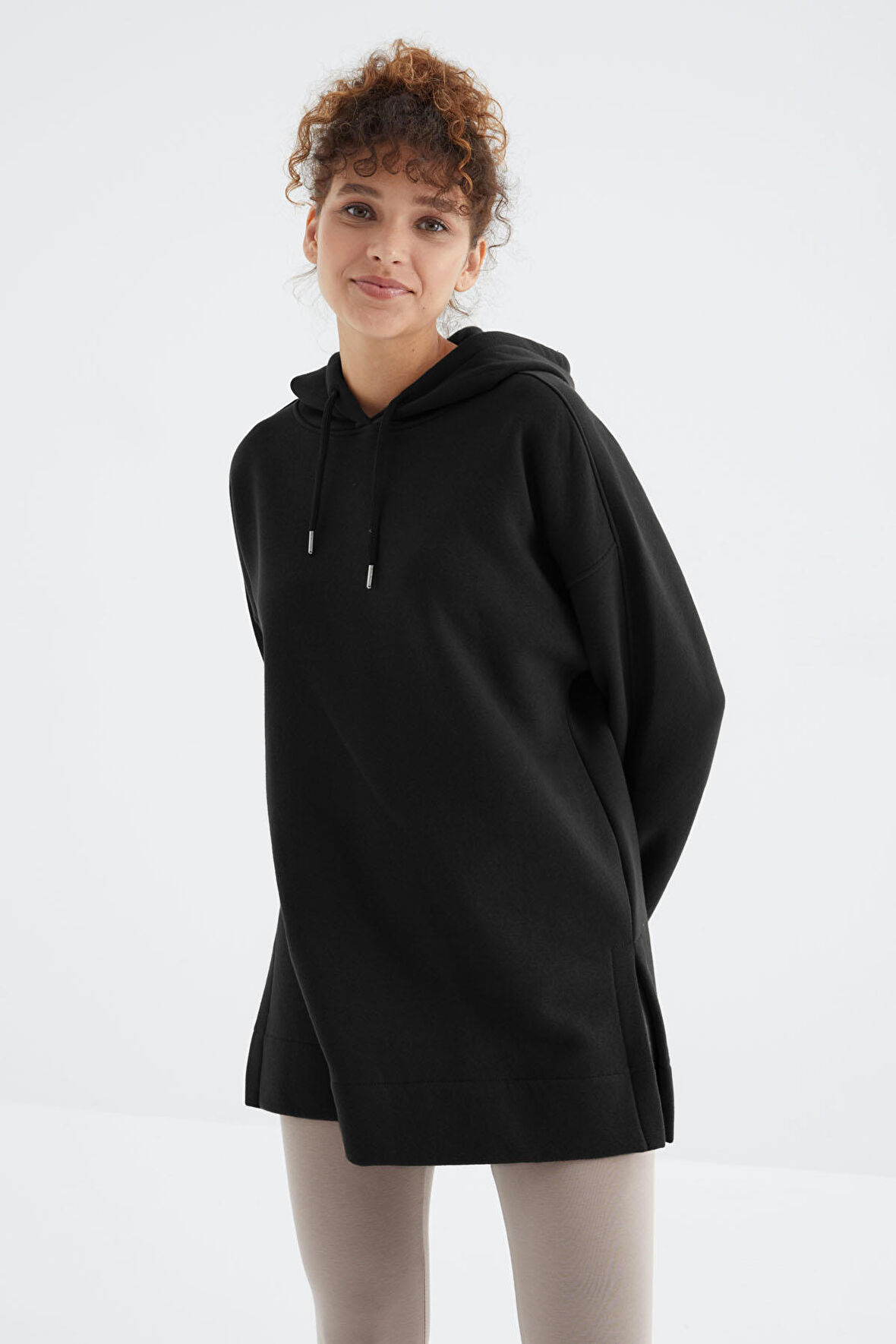 Siyah Reglan Kol Basic Kapüşonlu Oversize Tunik - 97242 | L