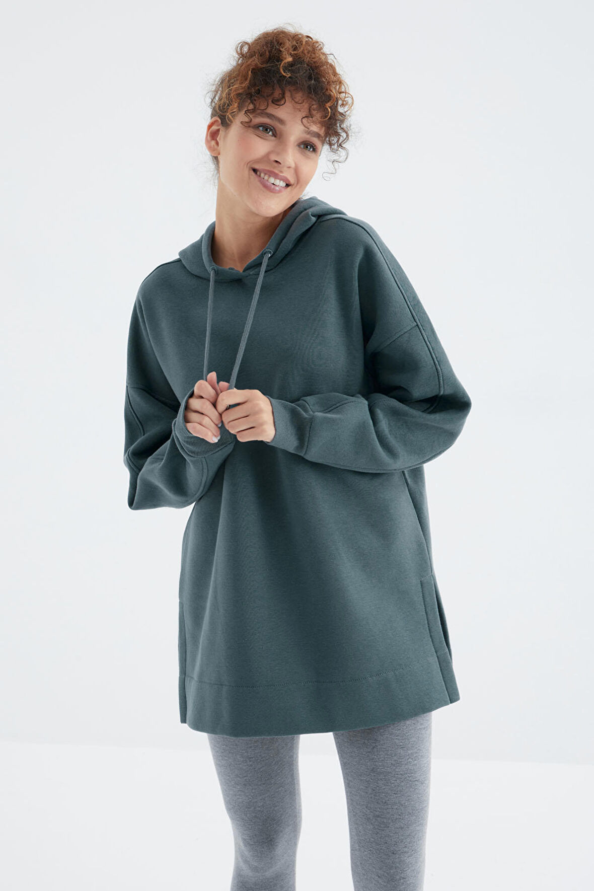 Orman Yeşili Reglan Kol Basic Kapüşonlu Oversize Tunik  - 97242 | M