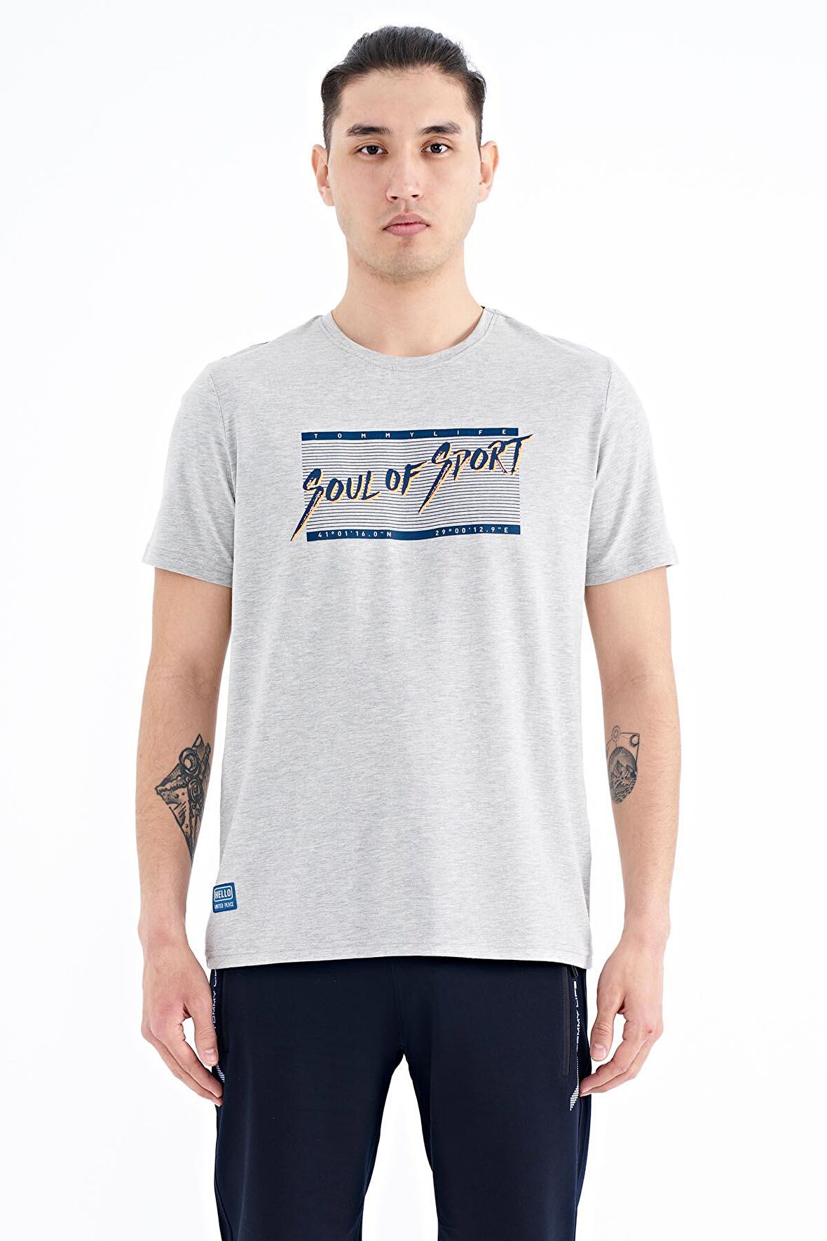 Gri Melanj Yazı Desen Baskılı Standart Kalıp O Yaka Erkek T-Shirt - 88172 | XL