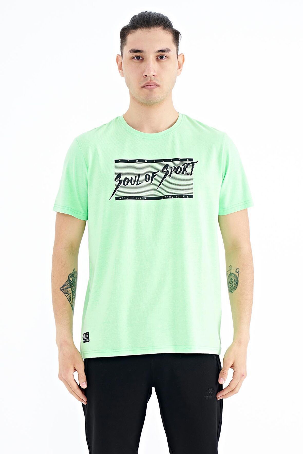 Neon Yeşil Yazı Desen Baskılı Standart Kalıp O Yaka Erkek T-Shirt - 88172 | XXL