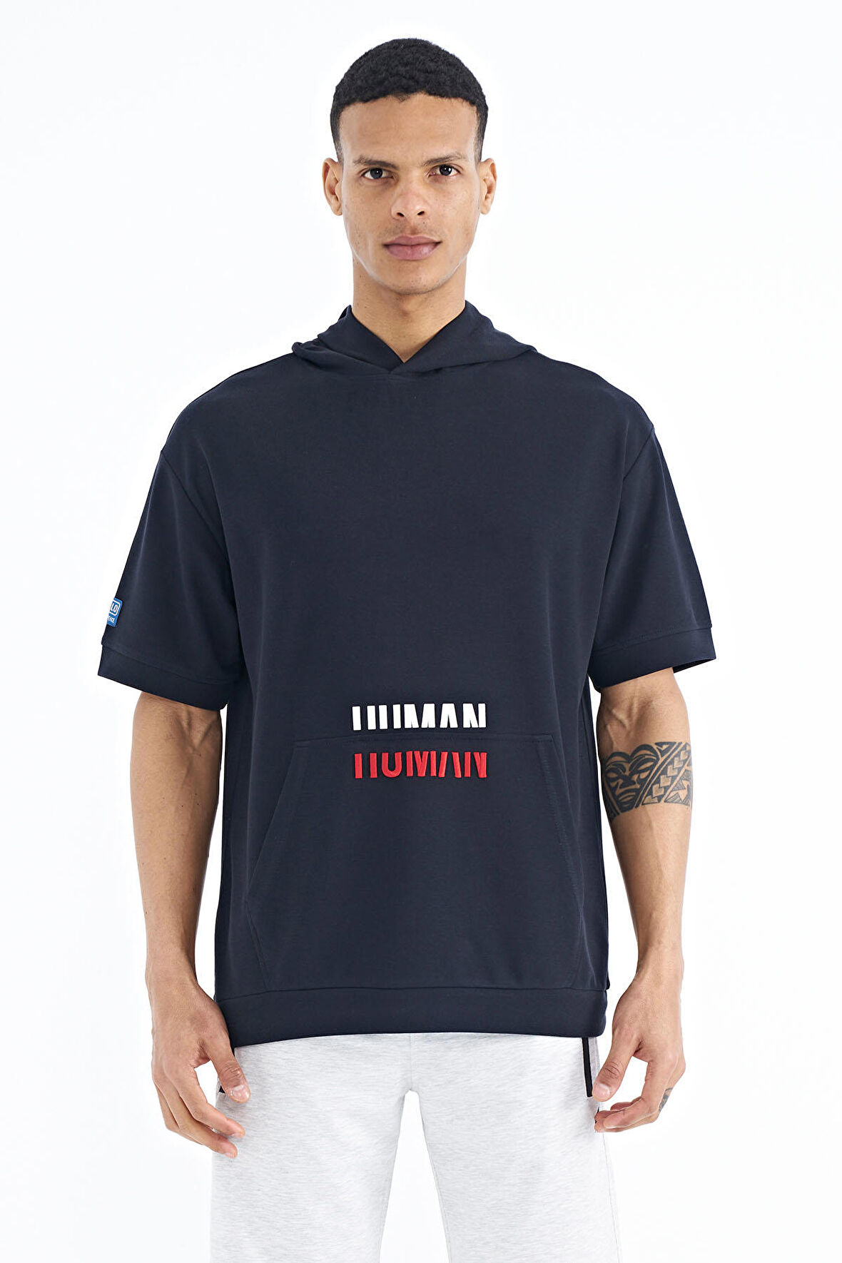 Lacivert Kanguru Cepli Yazı Nakışlı Kapüşonlu Erkek T-Shirt - 88195 | M